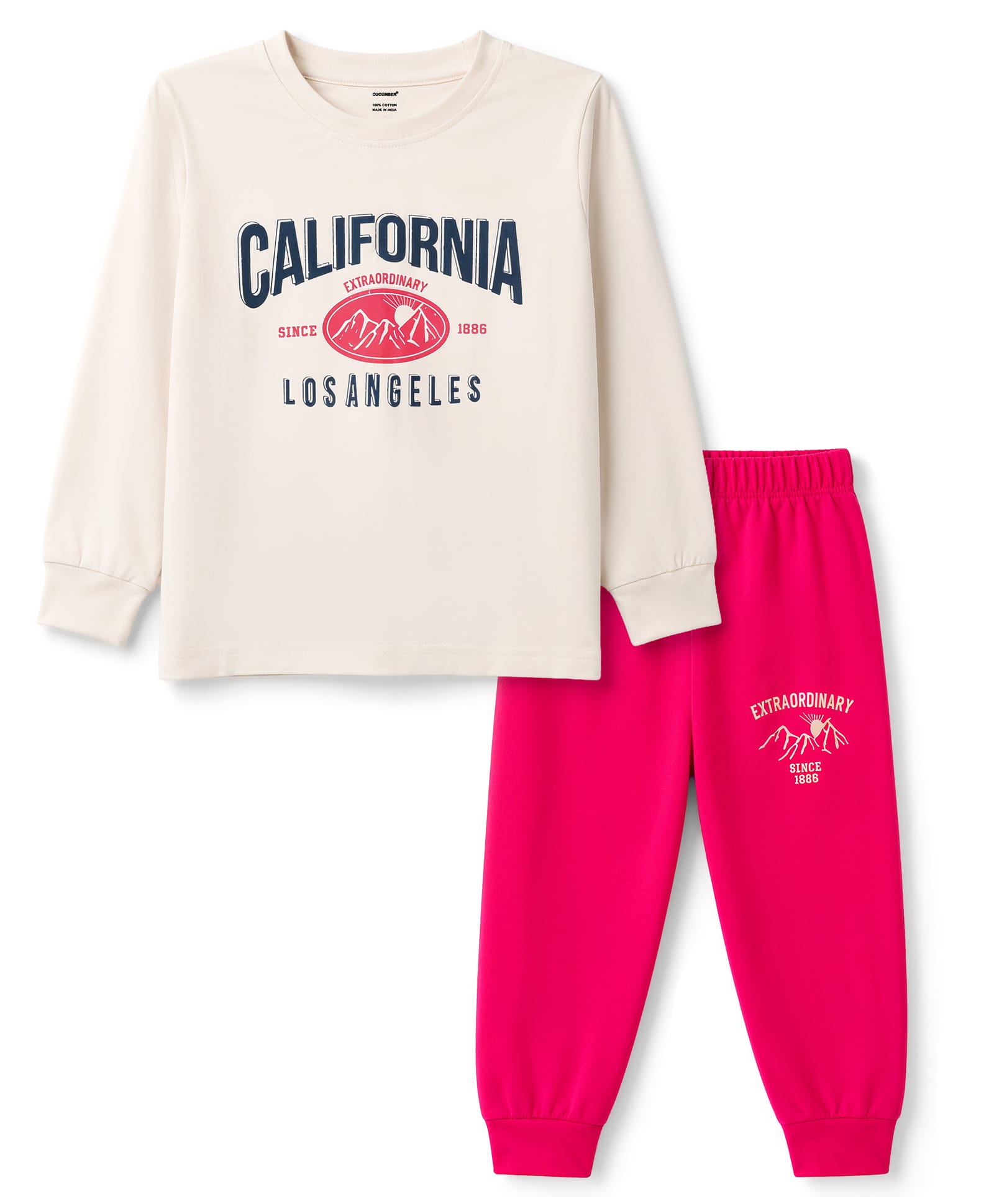 CUCUMBER Sinker Knit Full Sleeves T-Shirt & Joggers Set With Text Print - Ivory-image-31