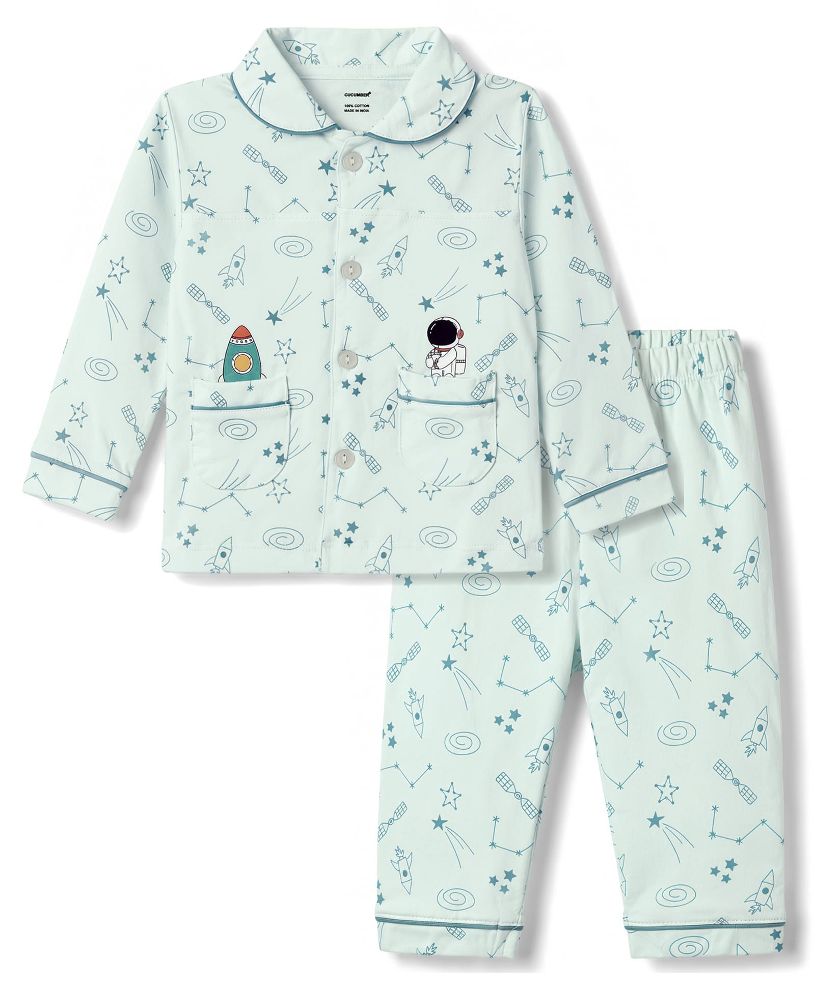 CUCUMBER Sinker Knit Full Sleeves Shirt & Pyjama Night Suit With Space Theme Print -Light Blue-image-27