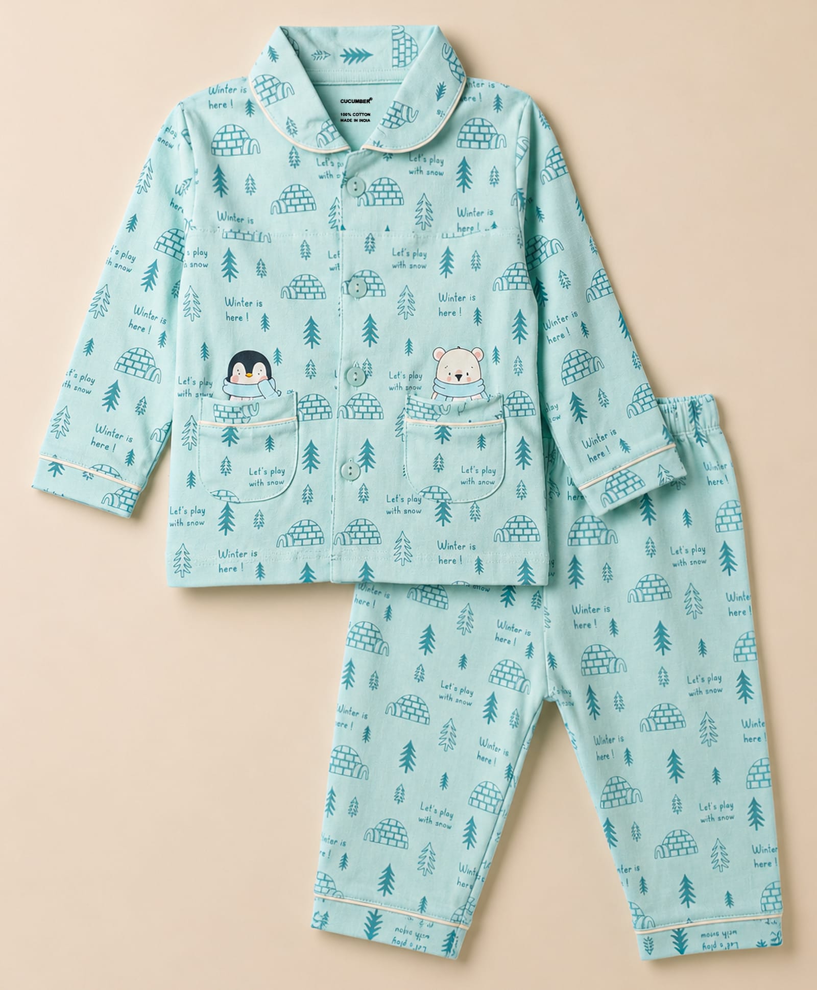 CUCUMBER Sinker Knit Full Sleeves Shirt & Pyjama Night Suit With Tropical Print - Light Blue-image-40