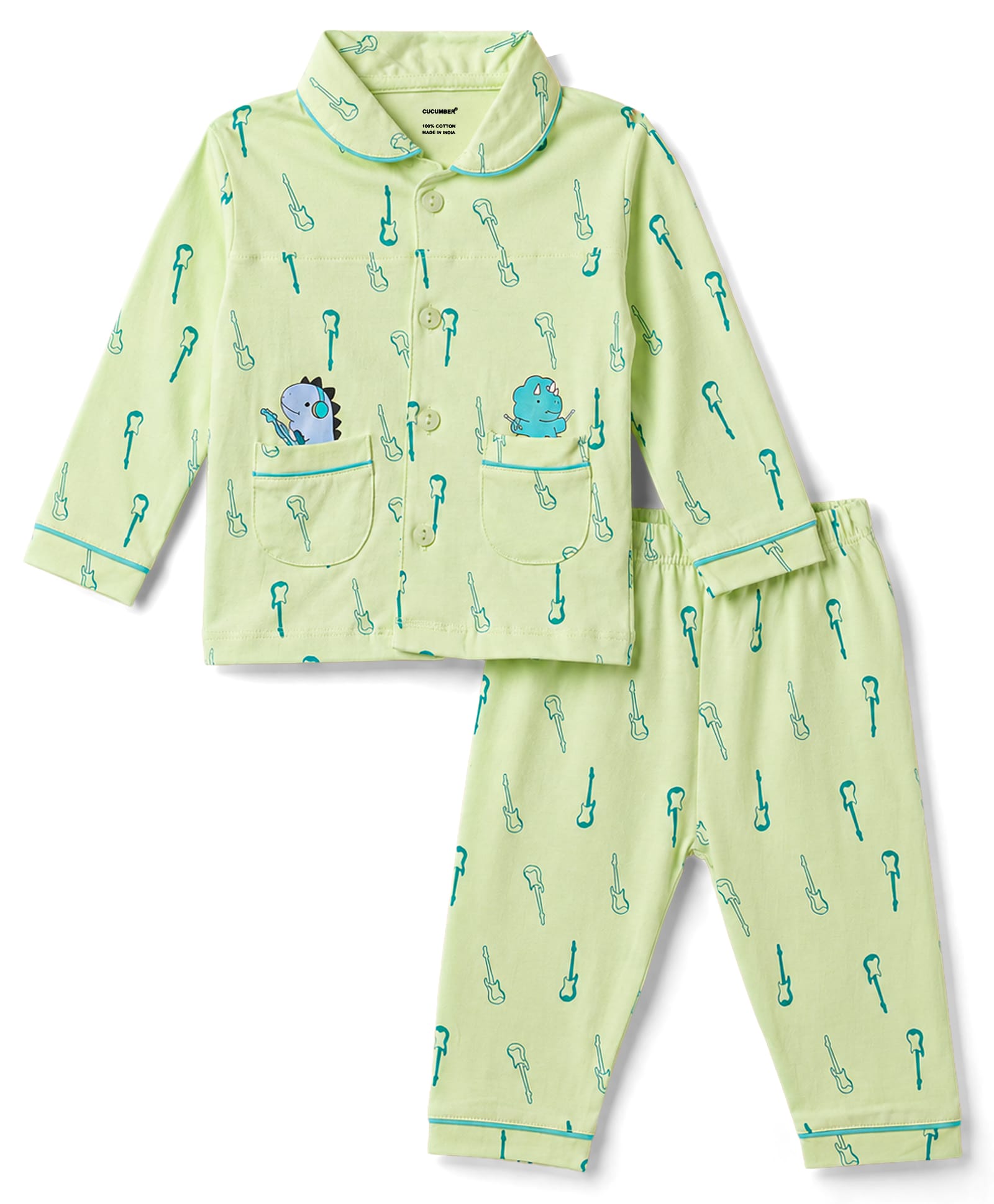 CUCUMBER Sinker Knit Full Sleeves Shirt & Pyjama Night Suit With Guitar & Dino Print - Light Green-picture-29