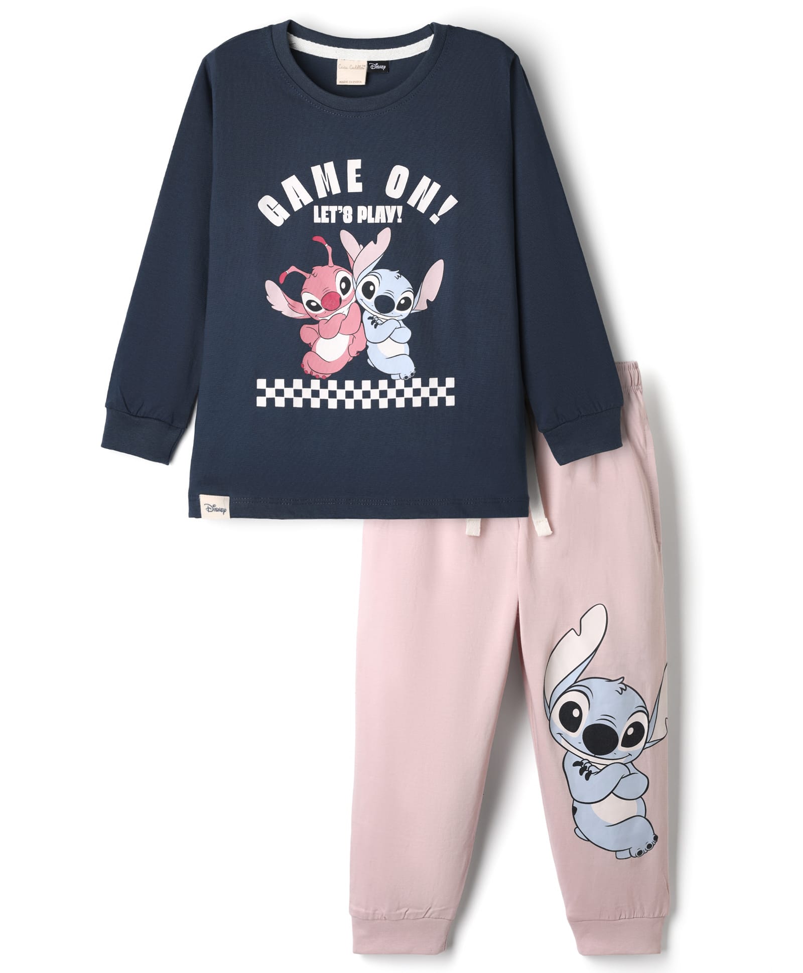 CUCUMBER Sinker Knit Full Sleeves T-Shirt & Joggers Set With Lilo & Stitch Graphics - Navy Blue & Pink-image-32