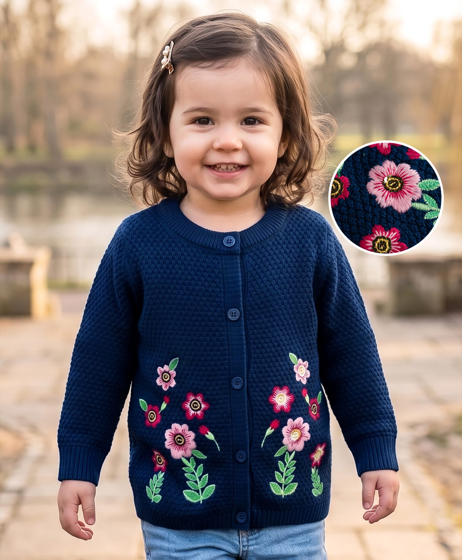 Babyhug Knit Full Sleeves Front Open Sweater with Floral Embroidery - Navy-image-49