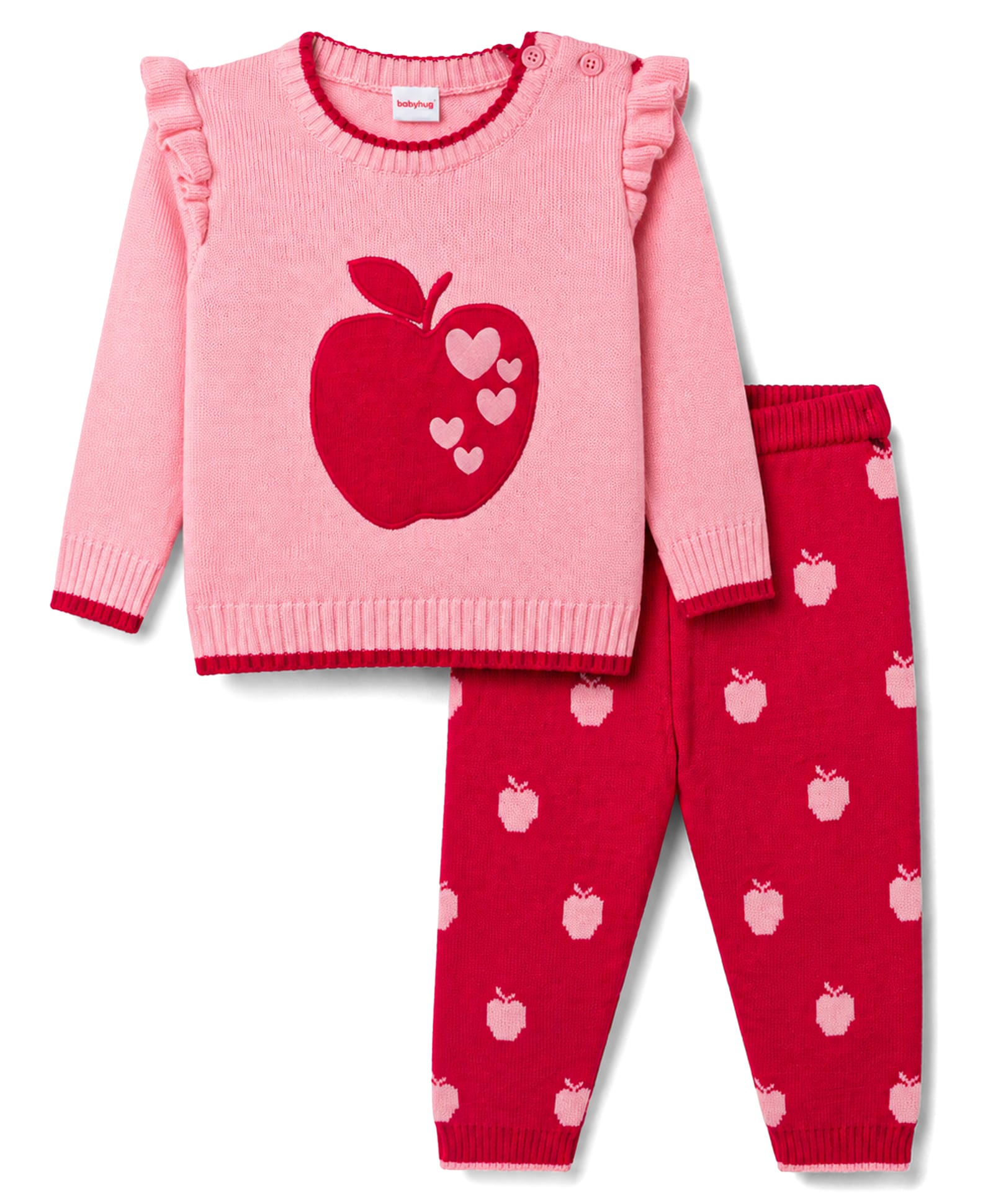 Babyhug Knitted Full Sleeves Hearts & Apple Designed Sweater Set - Pink-image-37