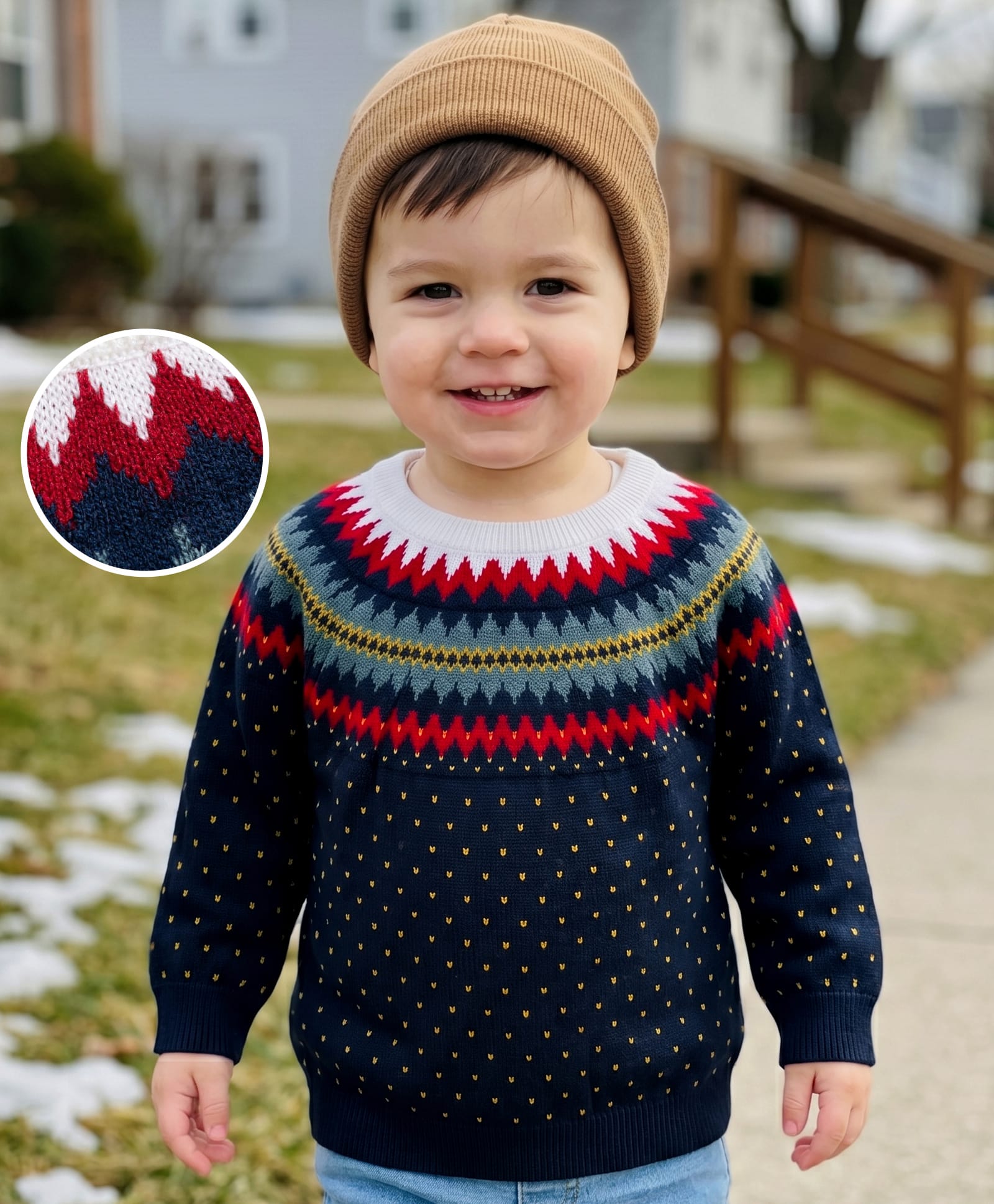 Babyhug Knit Full Sleeves Pullover with Chevron Design - Navy-image-5