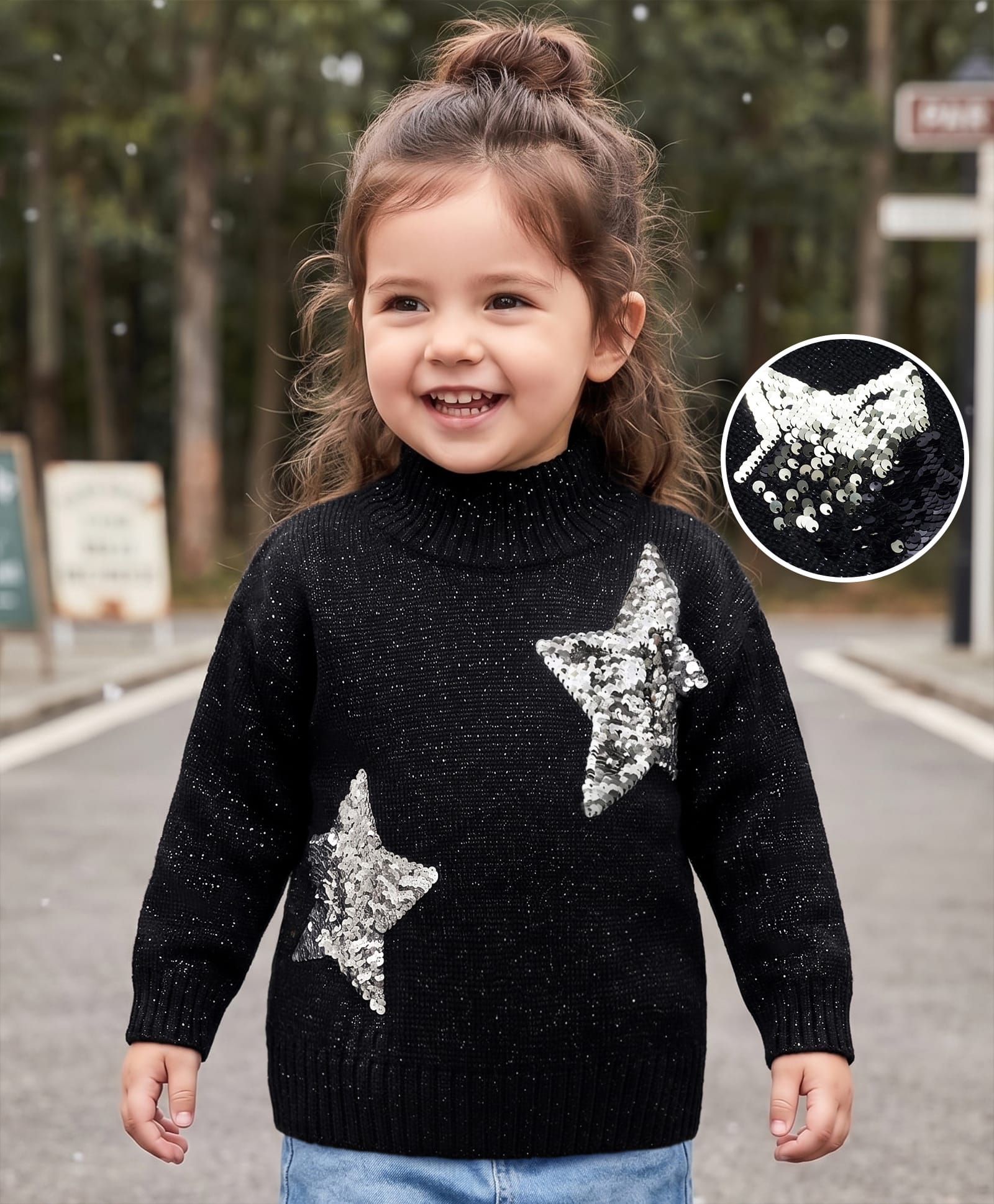Babyhug Knit Full Sleeves Turtle Neck Reversible Sequinned Star Designed Pullover - Black-image-18