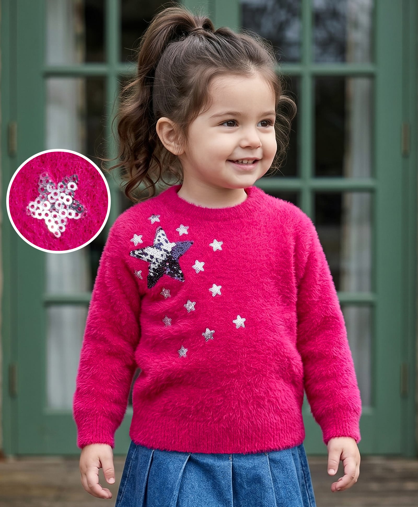 Babyhug Knit Full Sleeves Reversable Sequinned Star Designed Pullover - Dark Pink-image-33