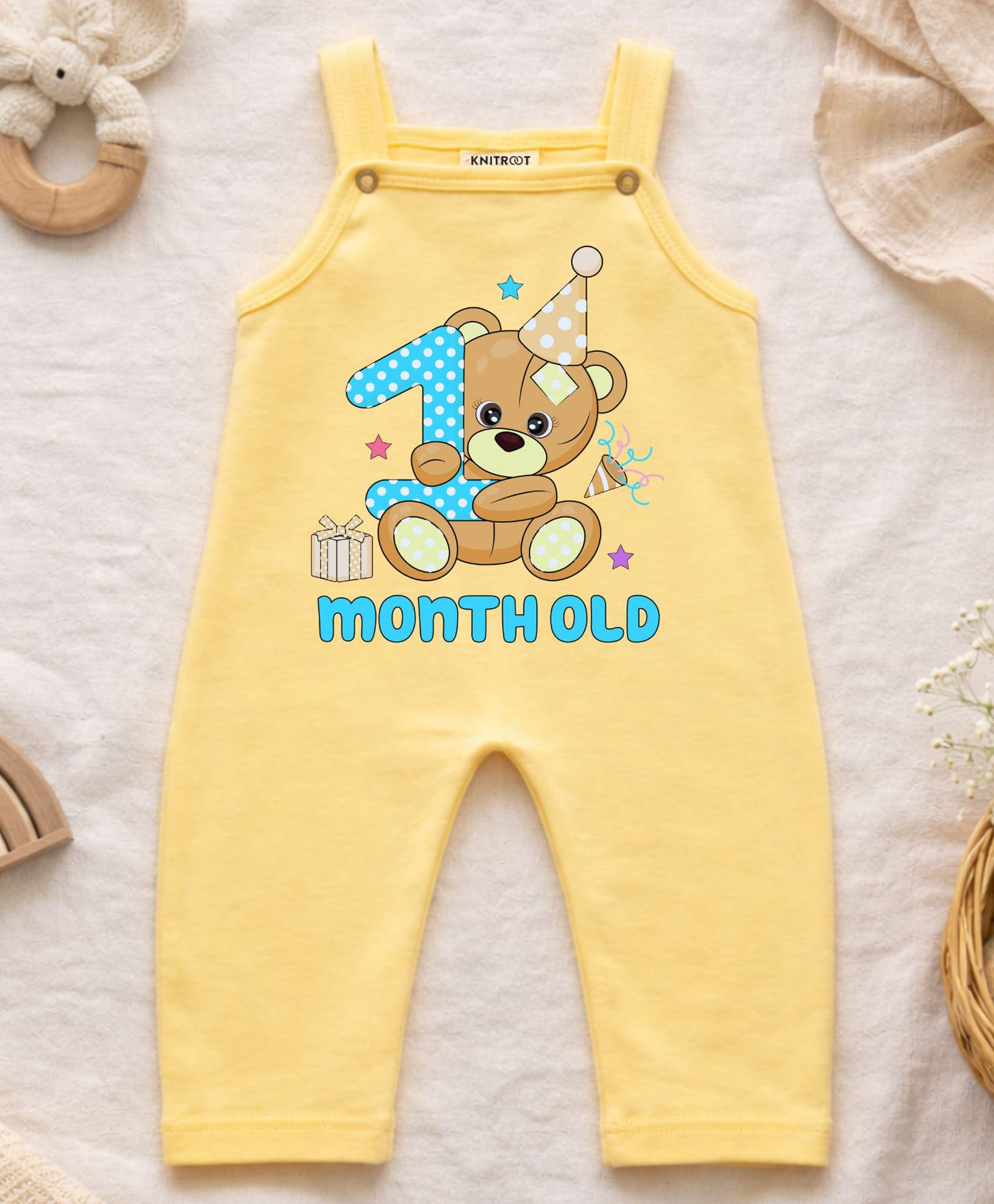 KNITROOT Cotton Knit Birthday Theme Sleeveless 1 Month Old Text Printed Dungaree - Yellow-image-46