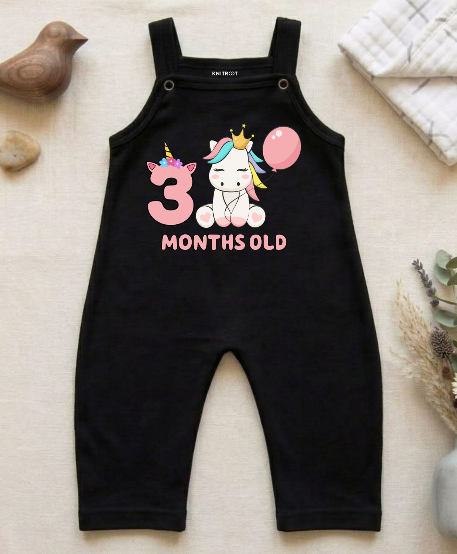 KNITROOT Cotton Knit Birthday Theme Sleeveless 3 Months Old Text Printed Dungaree - Black-image-18