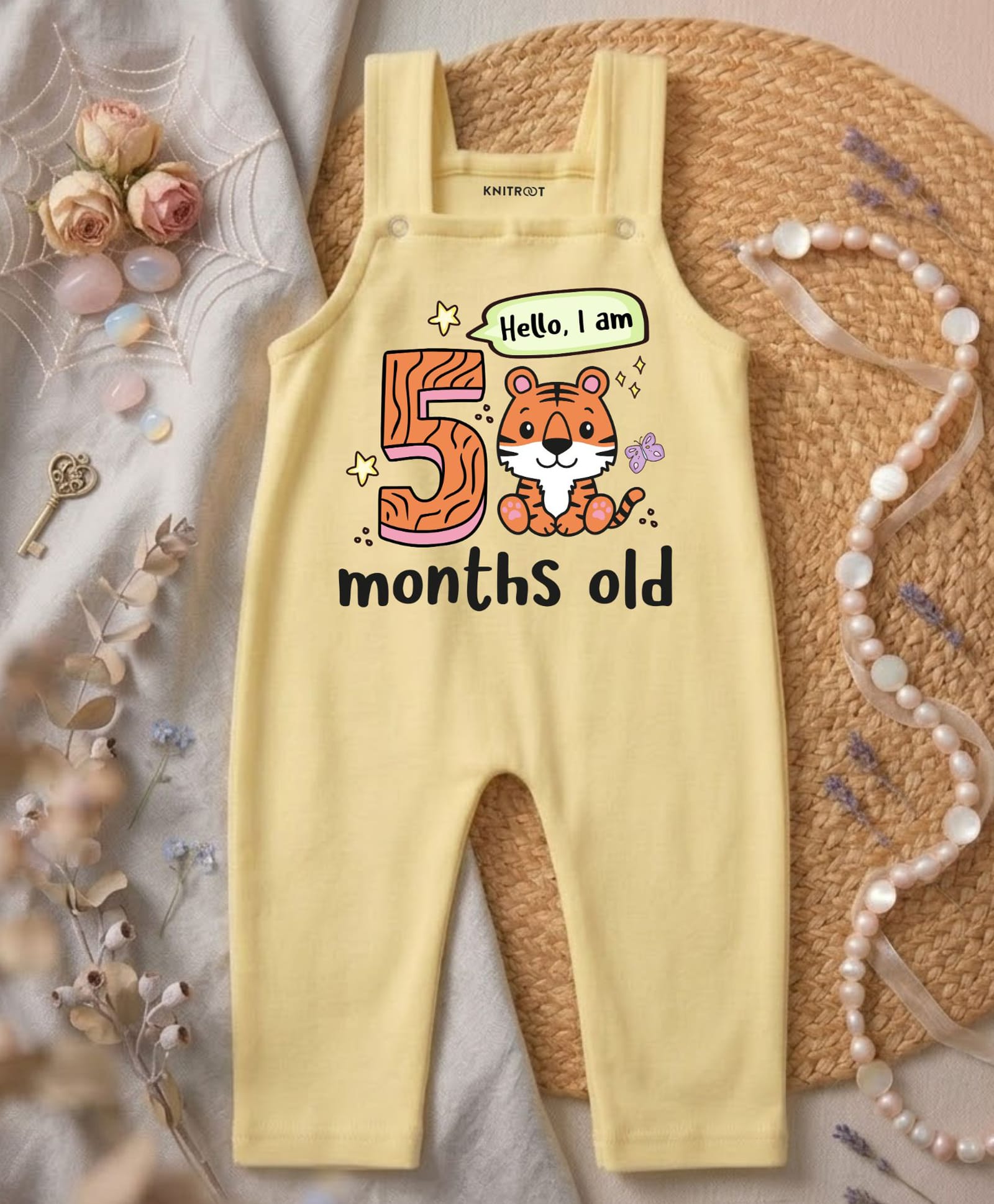 KNITROOT Cotton Knit Birthday Theme Sleeveless Hello I Am 5 Months Old Text Printed Dungaree - Yellow-picture-24