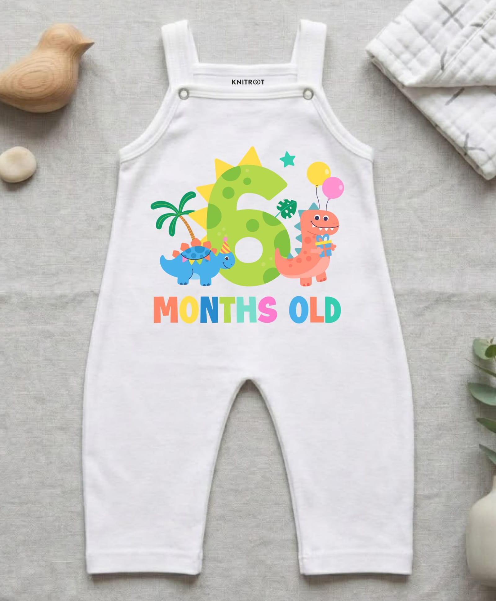 KNITROOT Cotton Knit Birthday Theme Sleeveless 6 Months Old Text Printed Dungaree - White-picture-17