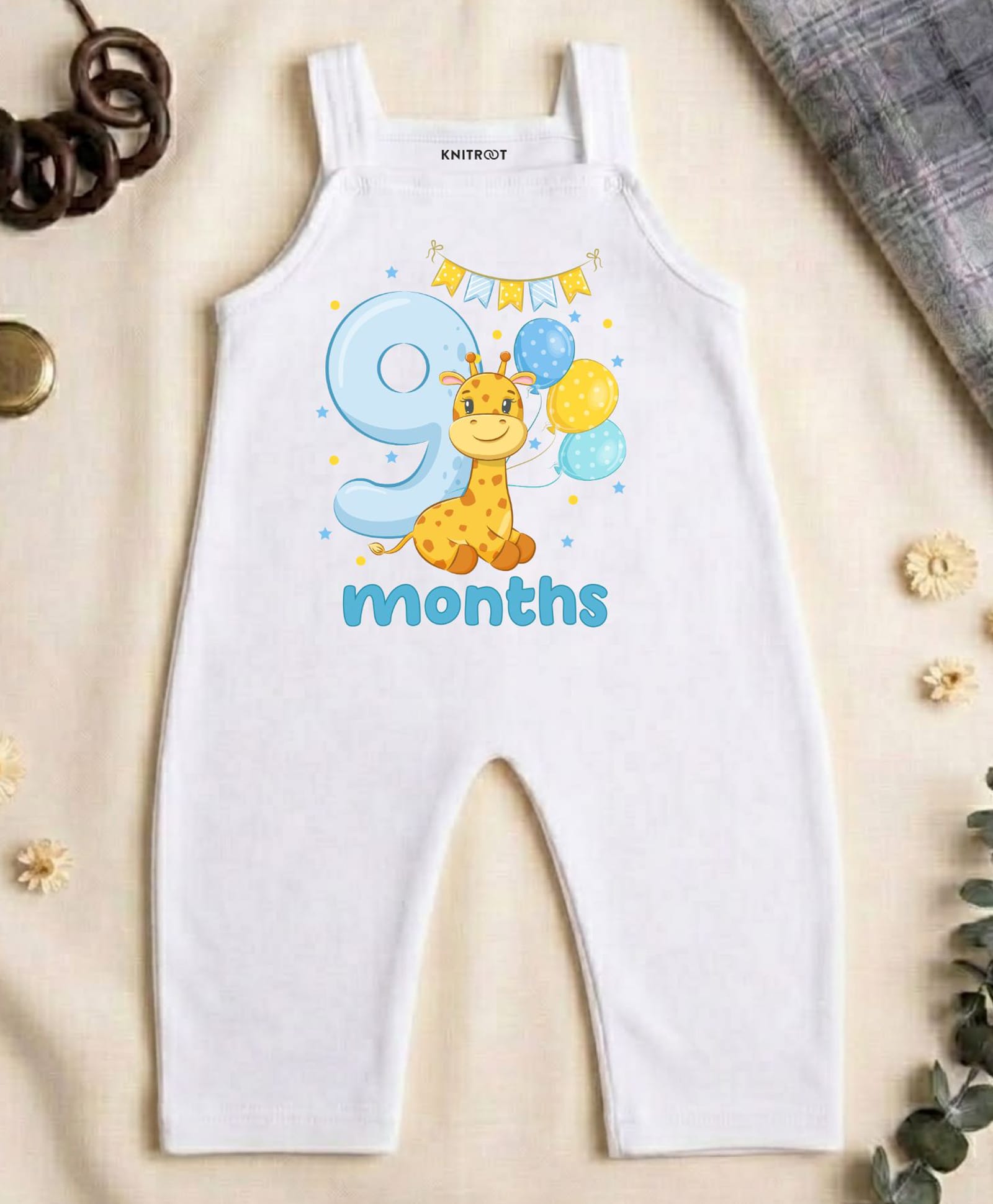 KNITROOT Cotton Knit Birthday Theme Sleeveless 9 Months Text Printed Dungaree - White-picture-18