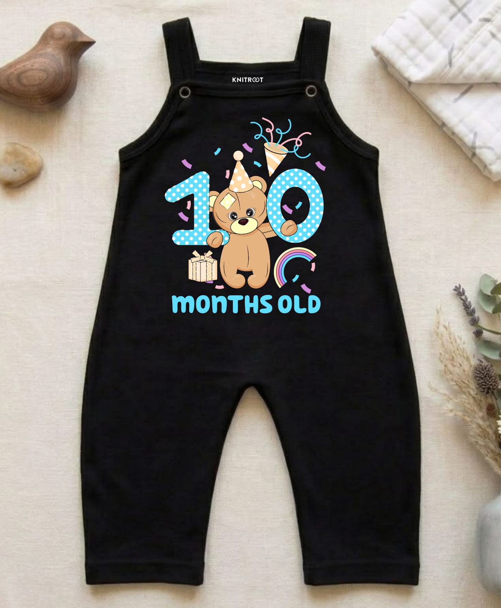 KNITROOT Cotton Knit Birthday Theme Sleeveless 10 Months Old Text Printed Dungaree - Black-picture-26