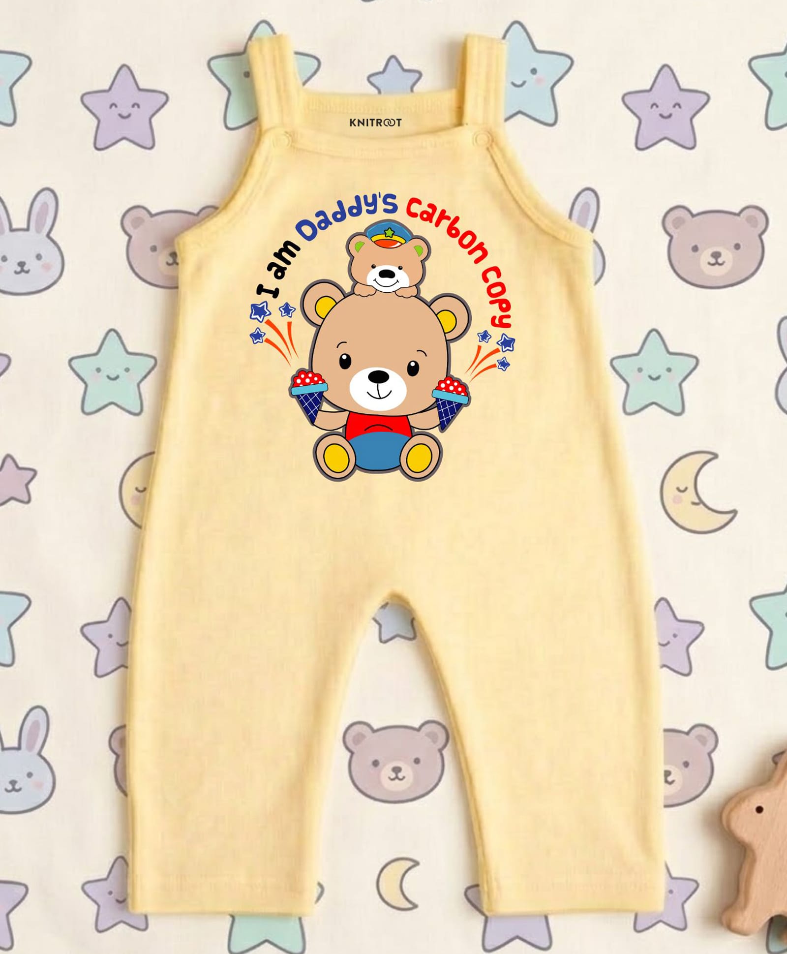 KNITROOT Cotton Knit Sleeveless I Am Daddys Carbon Copy Text Printed Dungaree - Yellow-picture-26