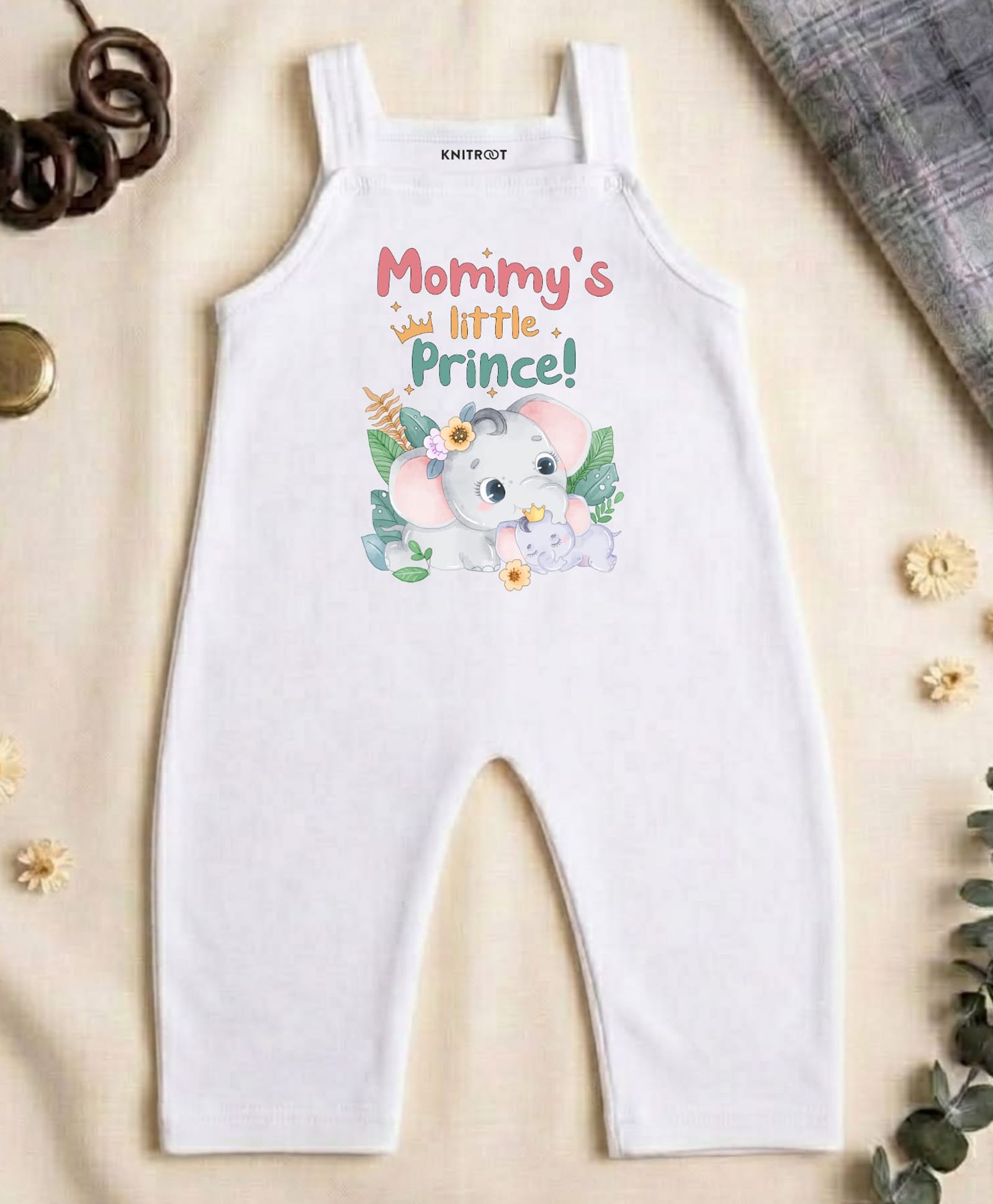 KNITROOT Cotton Knit Sleeveless Mommys Little Prince Text Printed Dungaree - White-picture-24