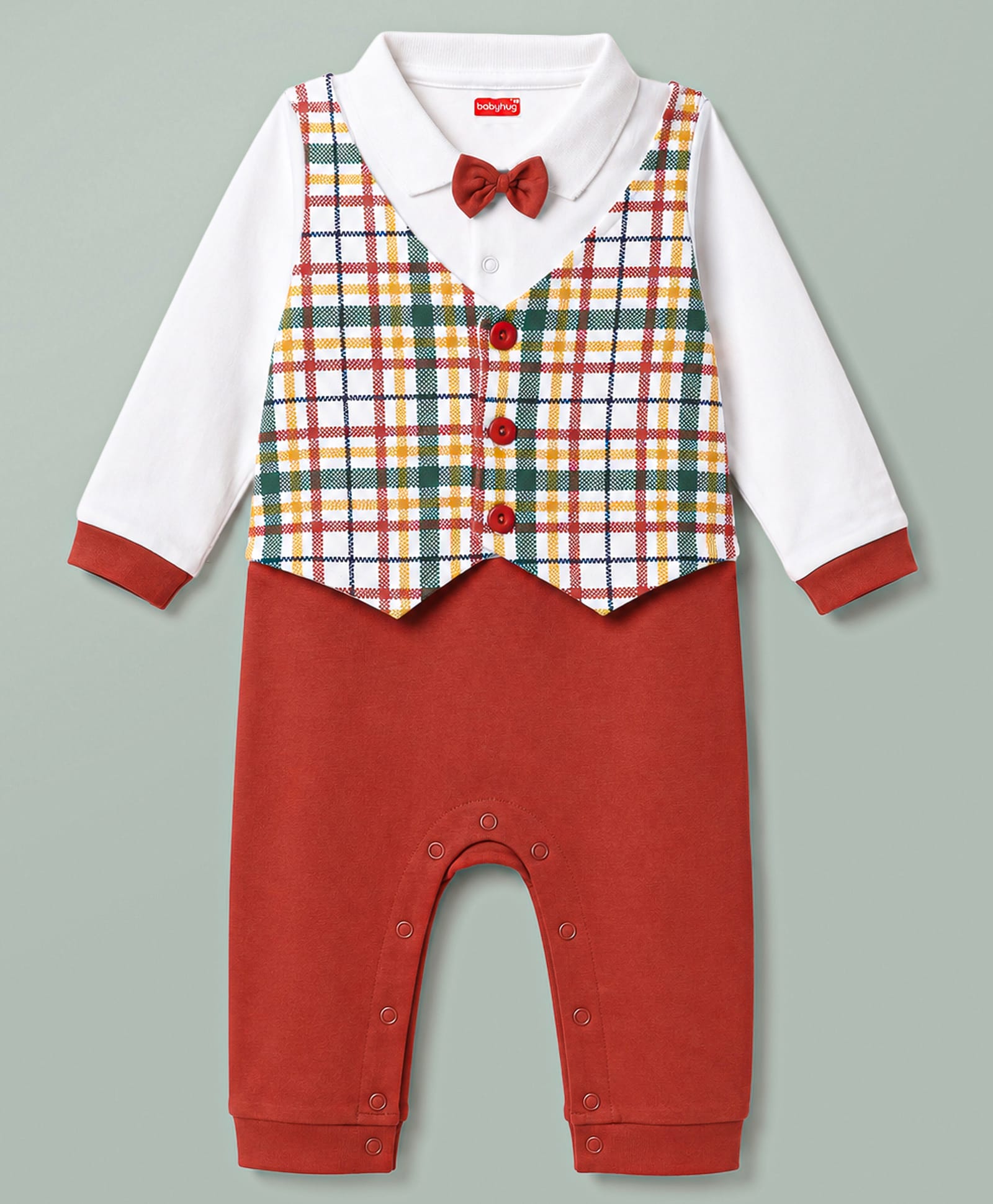 Babyhug 100% Cotton knit Full Sleeves Checked Partywear Romper With Attached Waistcoat & Bow - Multicolor-picture-28