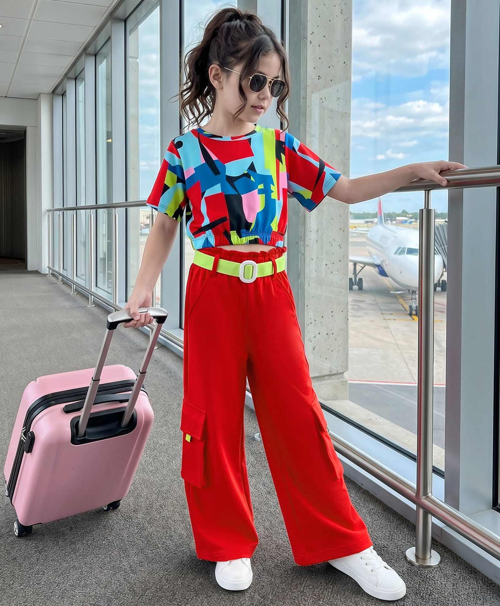 OLLINGTON ST. Cotton Knit Set Of Half Sleeve Top With Abstract Print & Pant With Belt -Multicolour & Red-image-14
