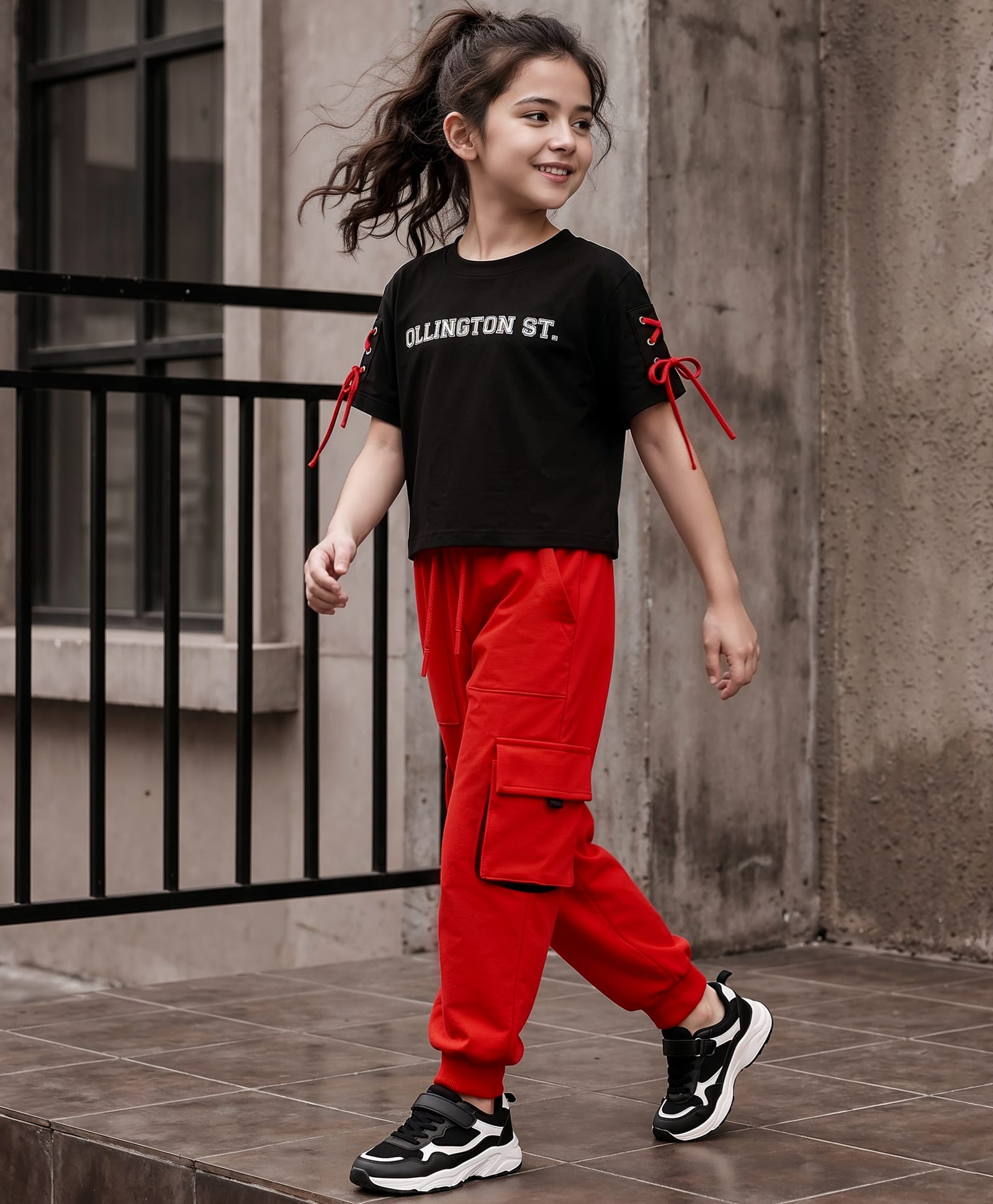 OLLINGTON ST. Cotton Sinker Knit Half Sleeves Text Printed Top & Lounge Pant Set - Black & Red-image-10