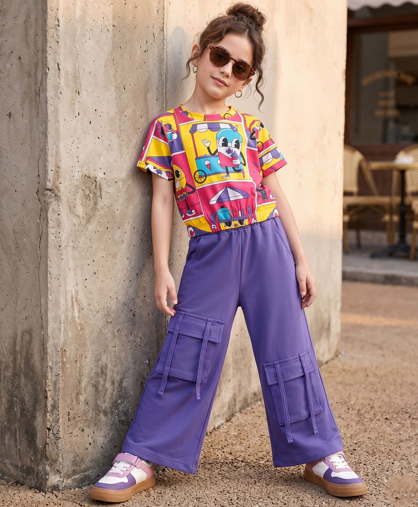 OLLINGTON ST. Cotton Knit Set Of Half Sleeve Top With Ice Cream Print & Joggers-Multicolour & Purple-image-15