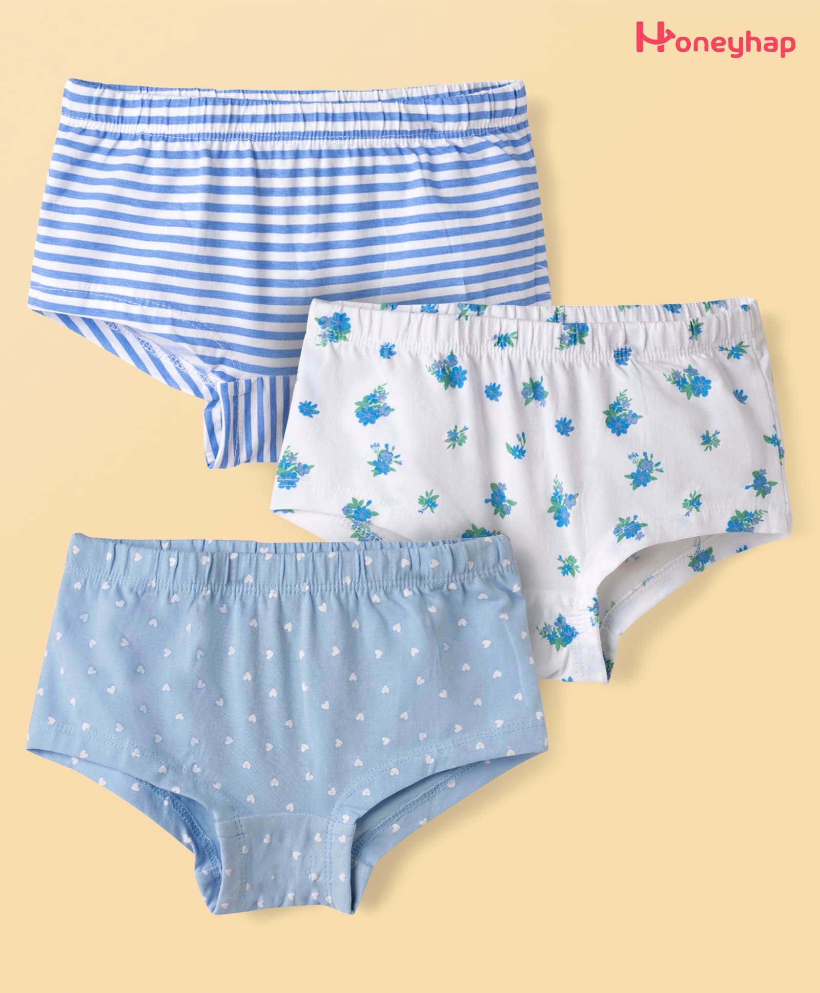 Honeyhap Premium Cotton Elastane Knit Striped Bio Finish Panties With Floral & Heart Print Pack of 3 - Dutch Canal Bright White Little Boy Blue-image-24