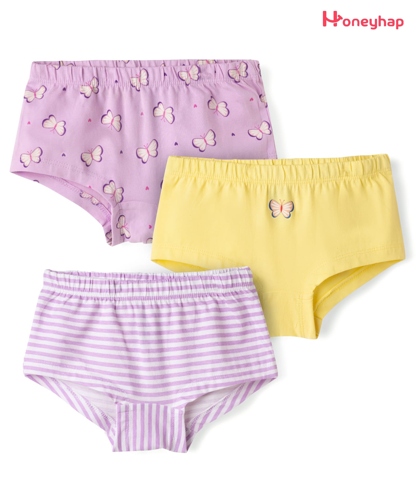 Honeyhap Premium Cotton Elastane Knit Striped Panties With Bio Finish & Butterfly Print Pack of 3 - Orchid Bouquet Yellow Iris Bright White-image-27