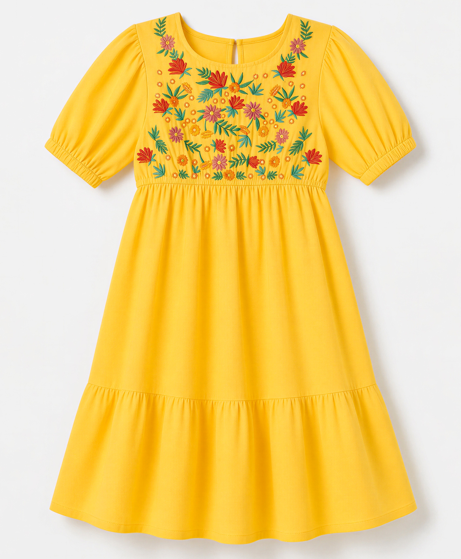 Pine Kids Cotton Woven Dress with Half Sleeves and Floral Embroidery - Yellow-picture-21