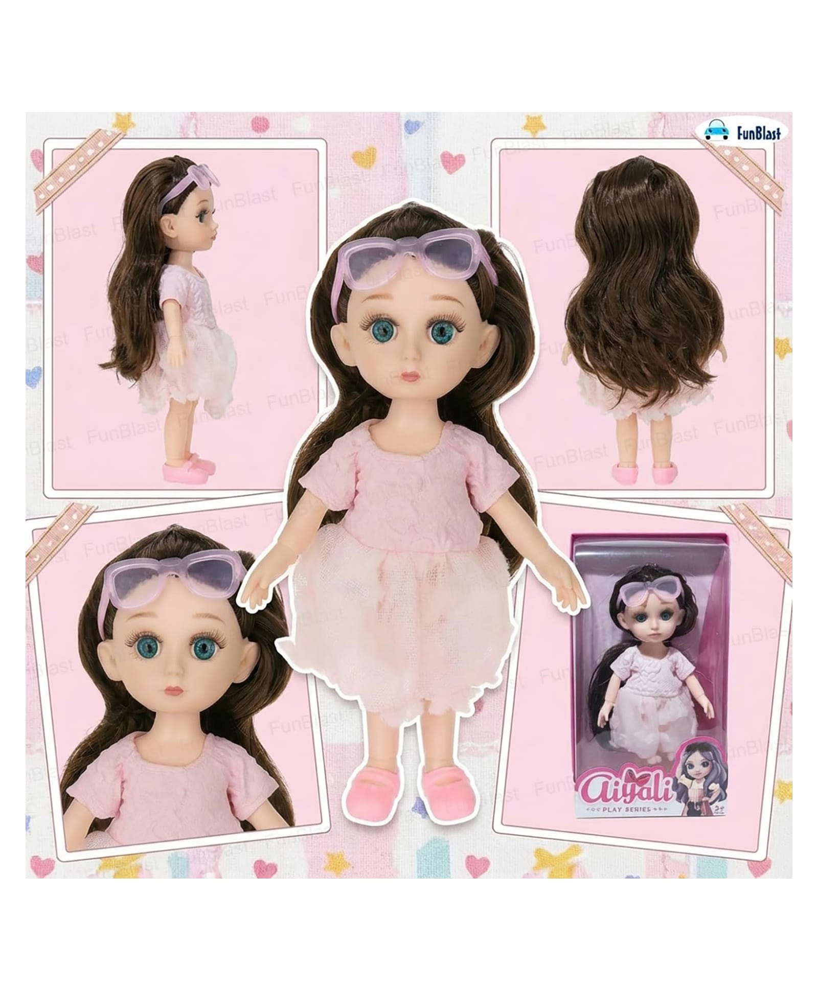 FunBlast 15 cm Doll Toy with Long Hair & Glasses and Stylish Dress for Girls Pack of 1 (C)-picture-25