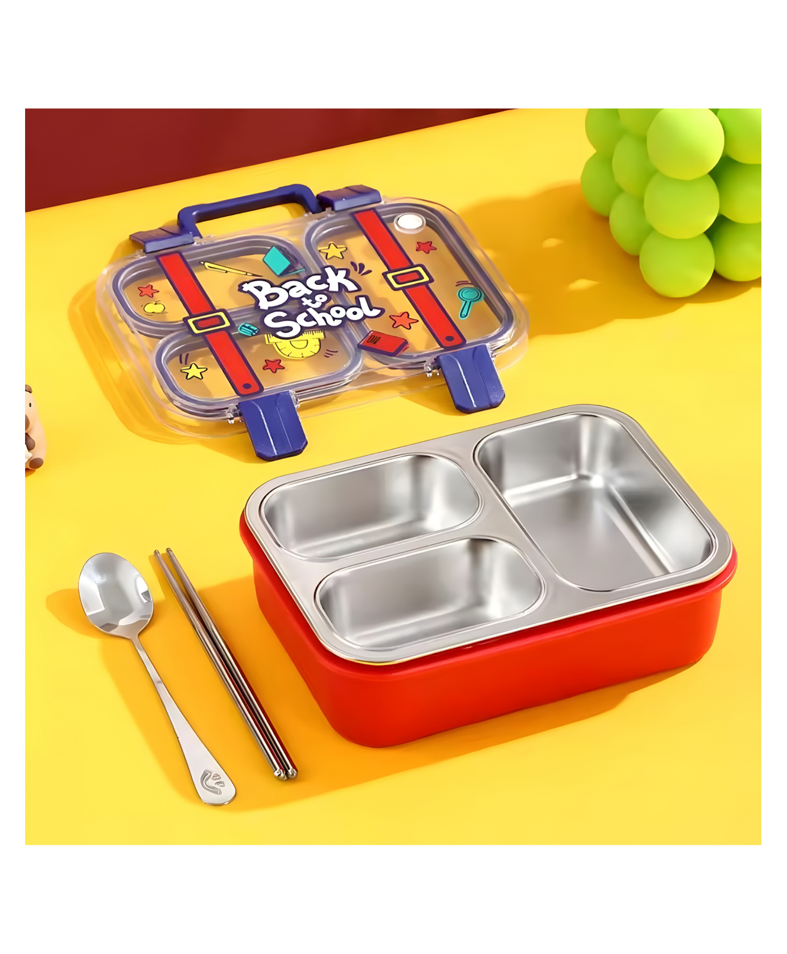 SCHOOLISH Stainless Steel 304 Lunch Box Three Compartments Individually Silicone Seal Ring Portable Cartoon Lunch Box- PACK OF 1- COLOR MAY VARY-image-16
