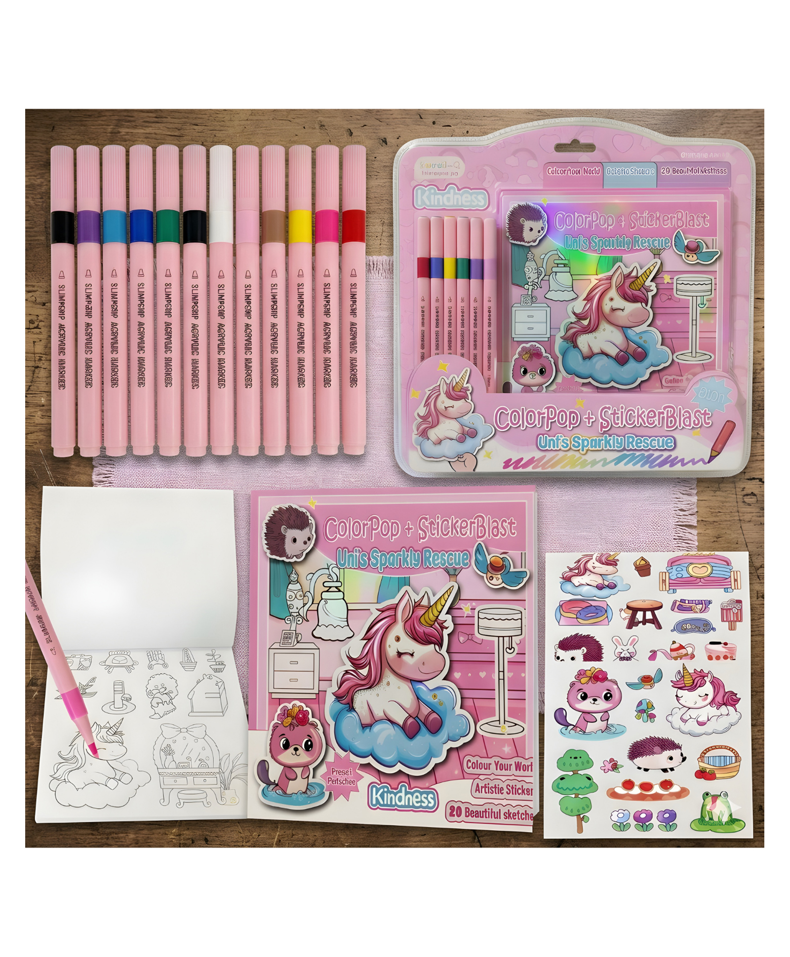 SCHOOLISH 2-in-1 Colouring Paper & PET Stickers Book with 12 Markers, Fun Art & Craft Kit for Girls & Boys, Creative Drawing and Sticker Activity Book- PACK OF 1- COLOR MAY VARY-image-30