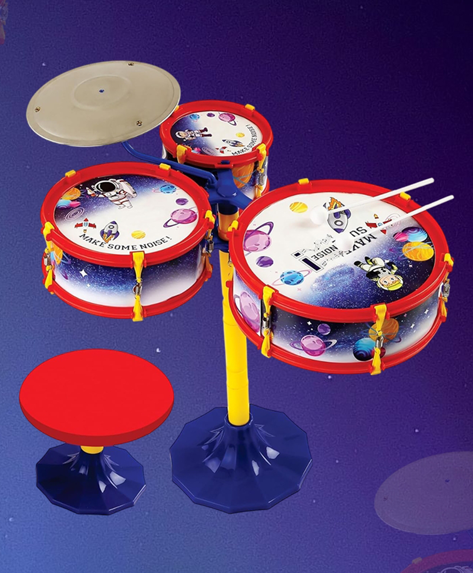 Mad Over Toys Kids Drum Set | 3-Piece Junior Musical Band Kit with Cymbal, Stool & 2 Sticks | Space Theme Jazz Playset Toy for Kids 3+ Years|Fun Beginner Instrument |Ideal Birthday Gift-image-42
