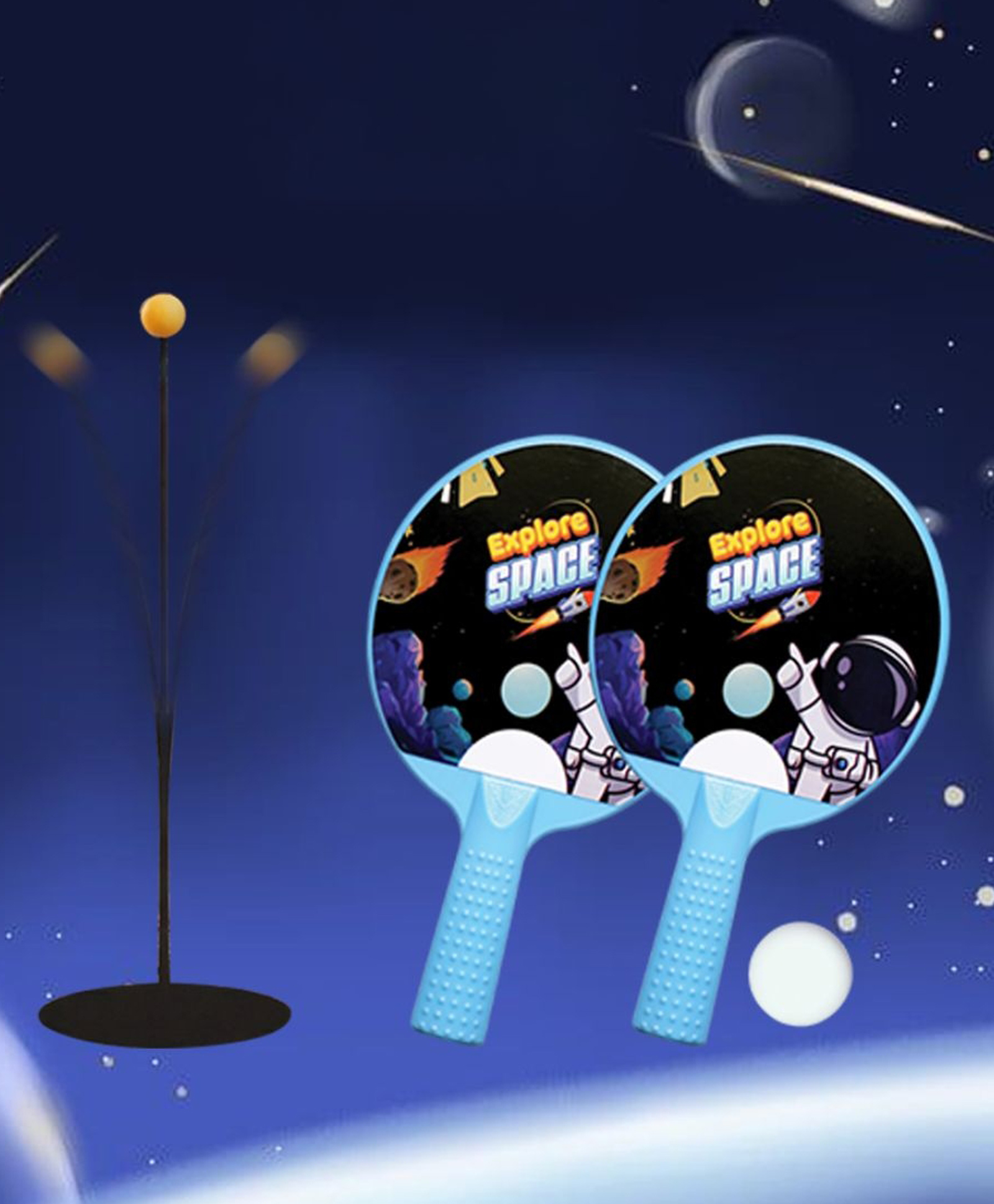 Mad Over Toys Space Theme Table Tennis Trainer for Kids|Indoor Ping Pong Set with Elastic Rebound Shaft| Includes 1 Base, 2 Rackets, 2 Balls & 1 Wire Sleeve|Active Sports Toy for Reflex & Coordination-picture-21