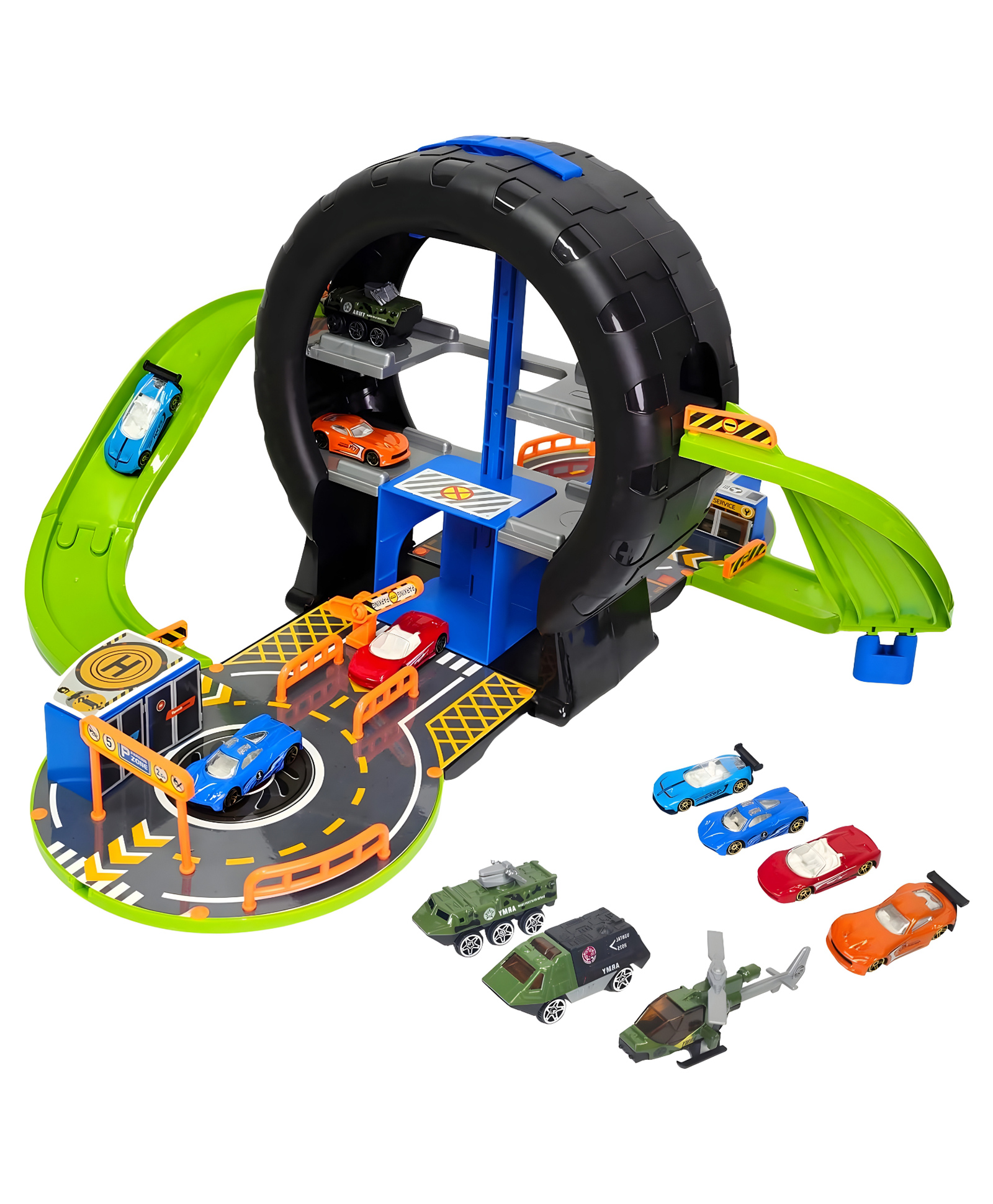 NEGOCIO Parking Lot Car Garage Playset, DIY Assembly Spiral Roller Rail City Tyre Parking Toy Vehicle 2-Layer Storey - PACK OF 1 - COLOR MAY VARY-image-32
