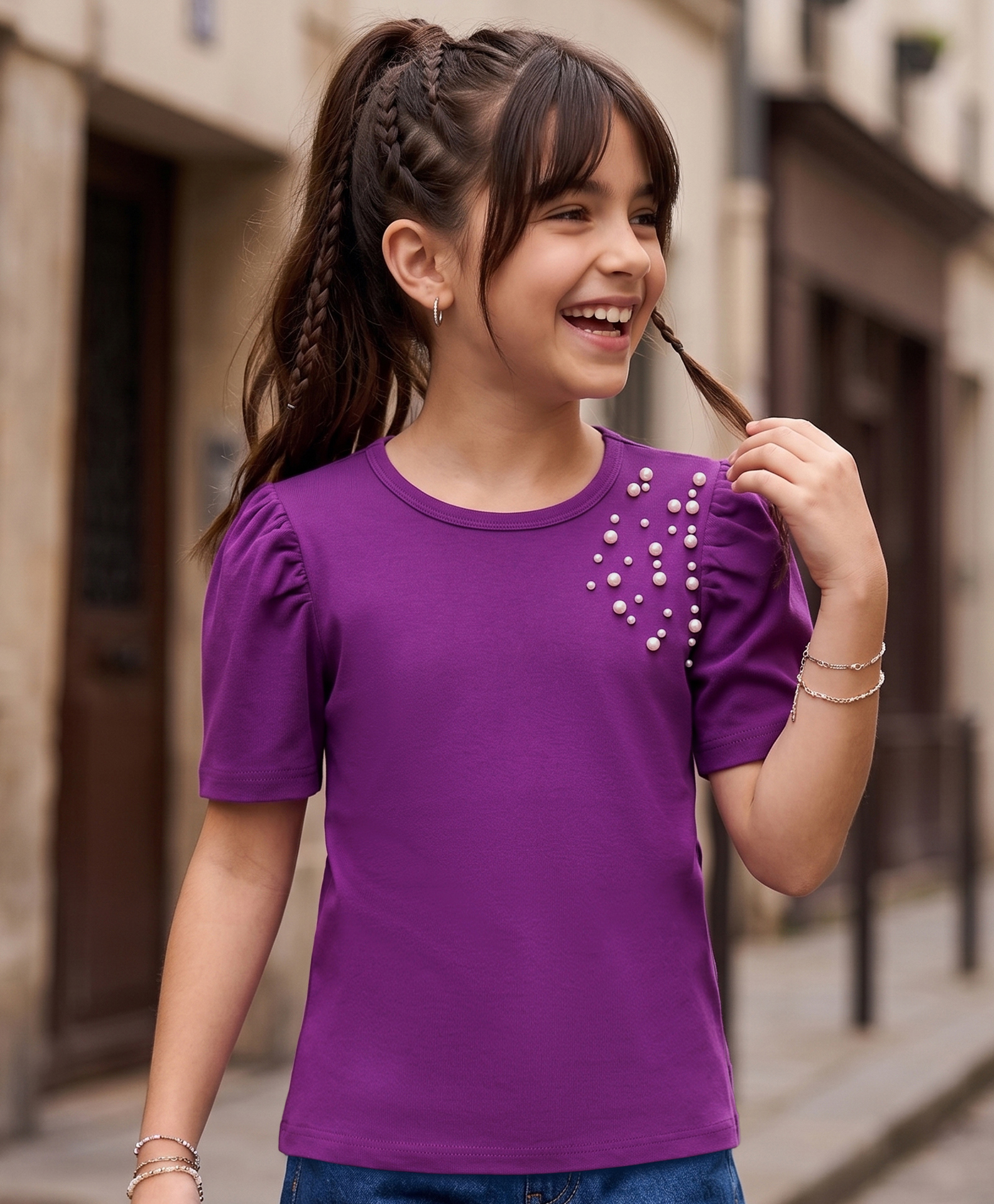 Pine Kids Cotton Lycra Knit Half Sleeves Top With Pearl Embellishment - Violet-image-43