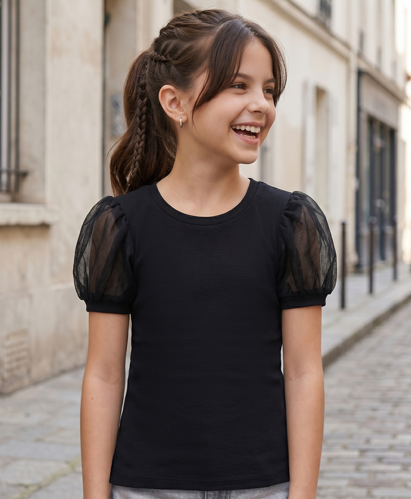 Pine Kids Cotton Lycra Knit Half Sleeves Solid Top - Black-image-20