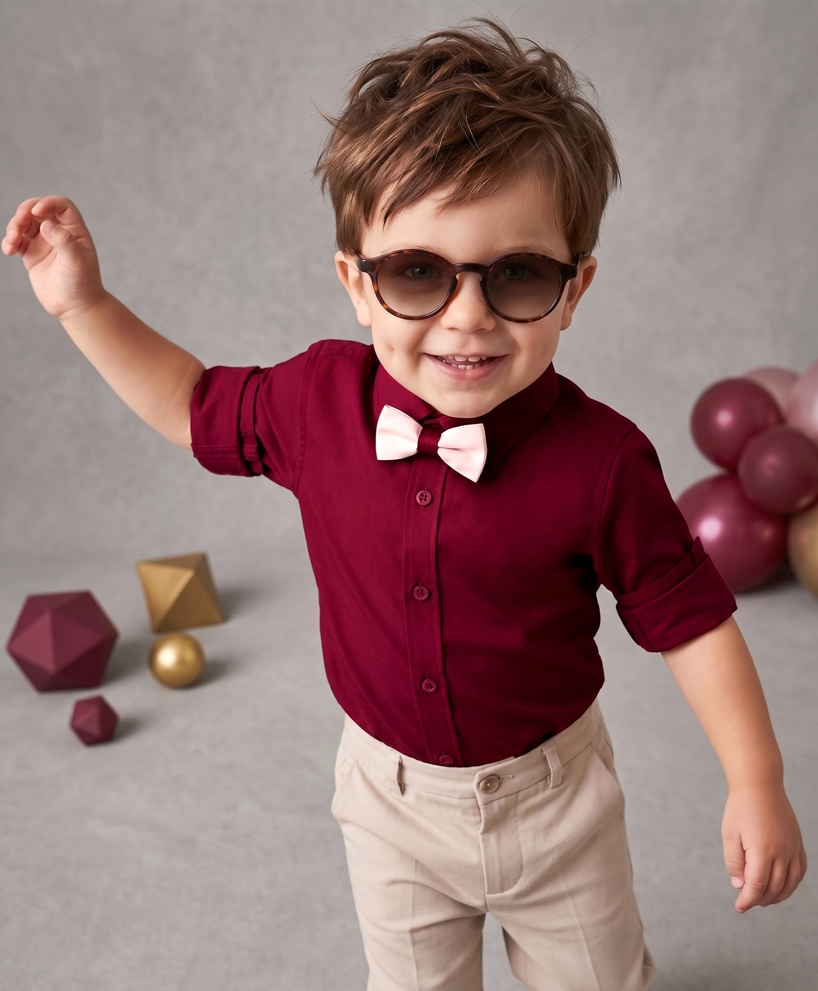 Babyoye 100% Cotton Twill Full Sleeves Solid Party Shirt with Bow - Dark Red & Pink-picture-18