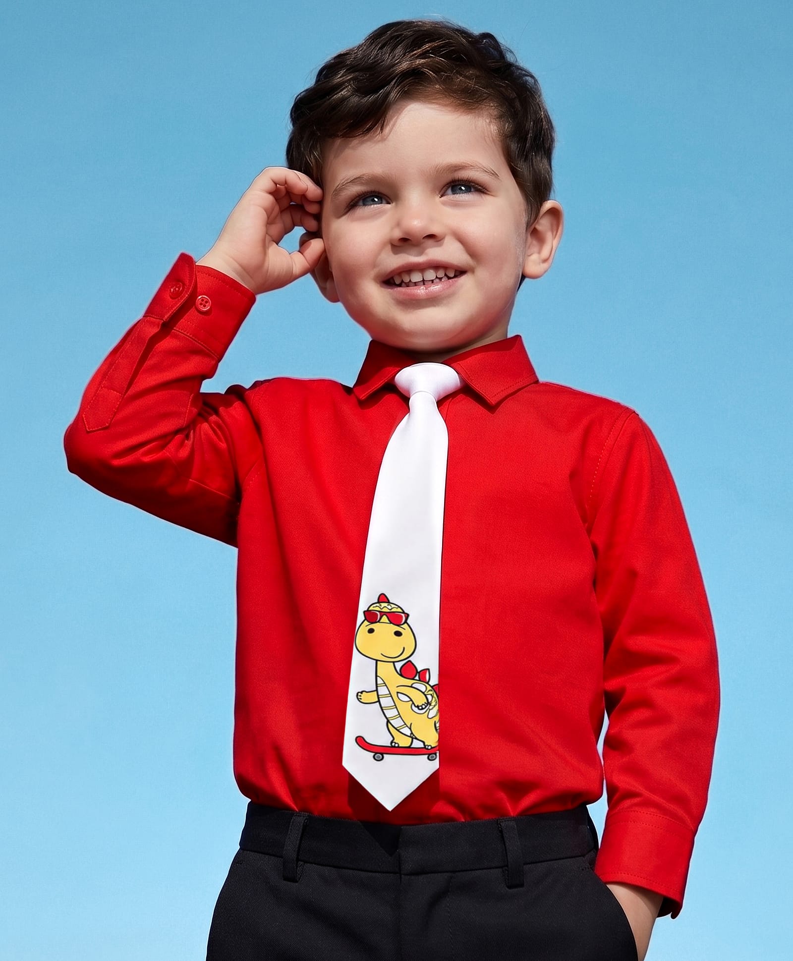 Babyoye 100% Cotton Satin Knit Full Sleeves Solid Colour Tie with Dino Print - Red-image-43