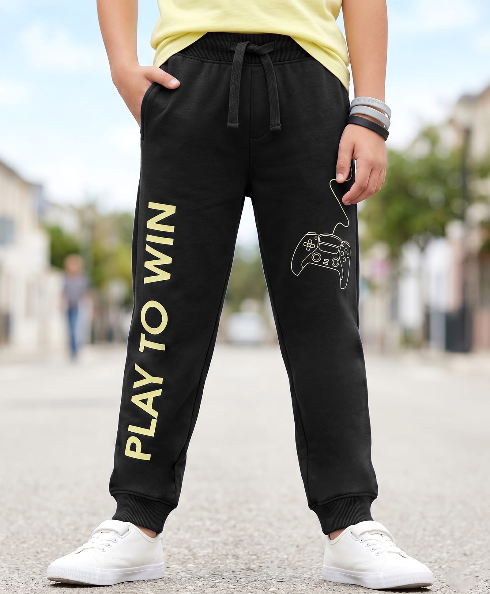 Pine Kids Knit Full Length Game Pad & Text Printed Lounge Pant with Pockets- Black-picture-19