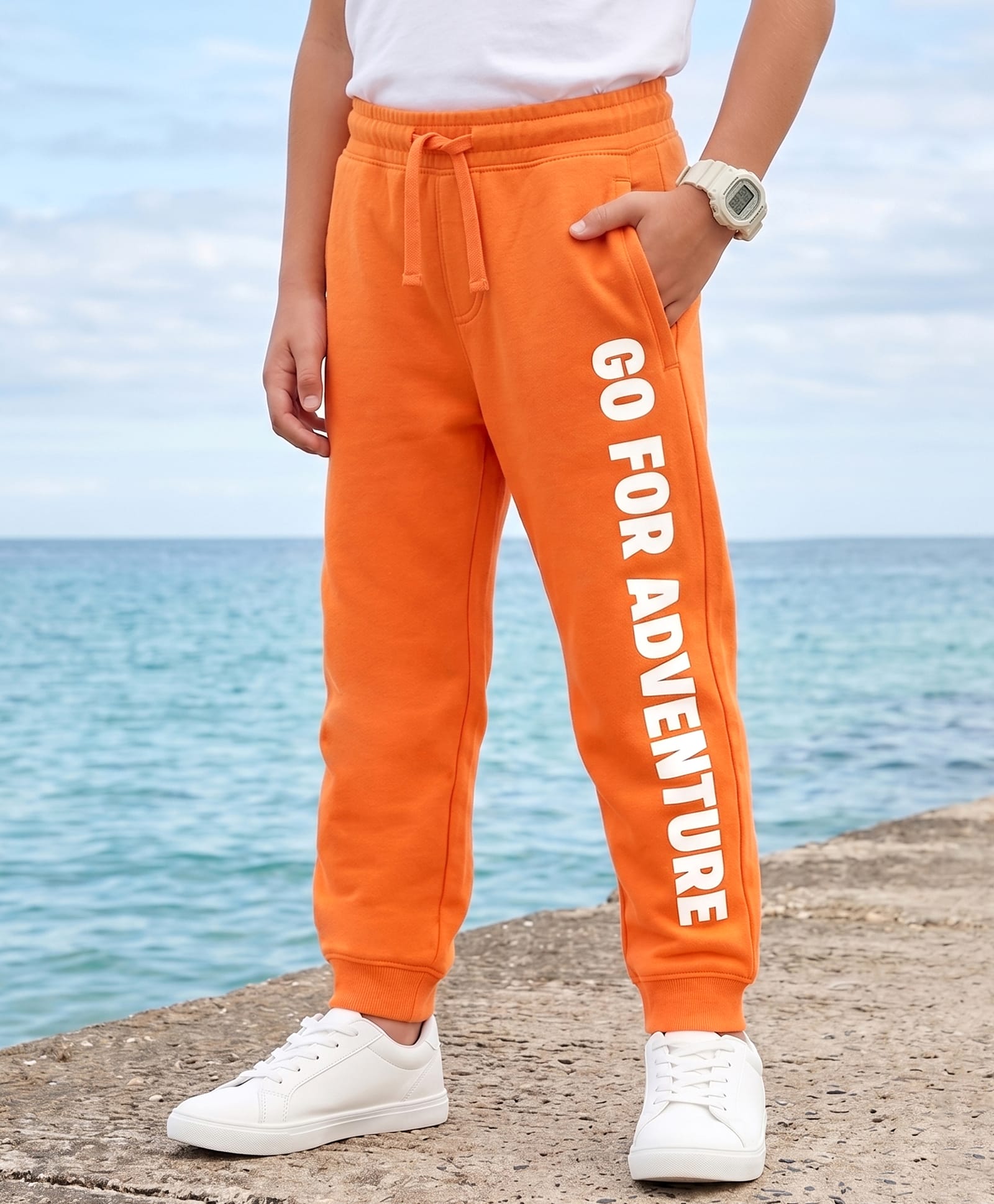 Pine Kids Knit Full Length Lounge Pant With Pockets & Text Print - Orange-picture-19