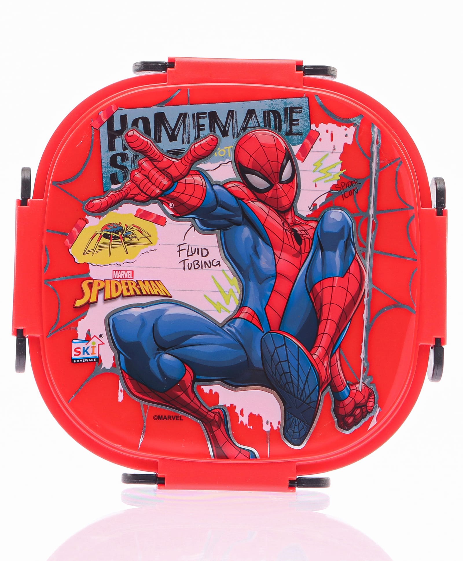 SKI Plastoware Insulated 3 Grid Bento Lunch Box with Stainless Steel Inner Leak-Proof BPA-Free with Steel Spoon With Spider Man Print- Red/Black-image-39