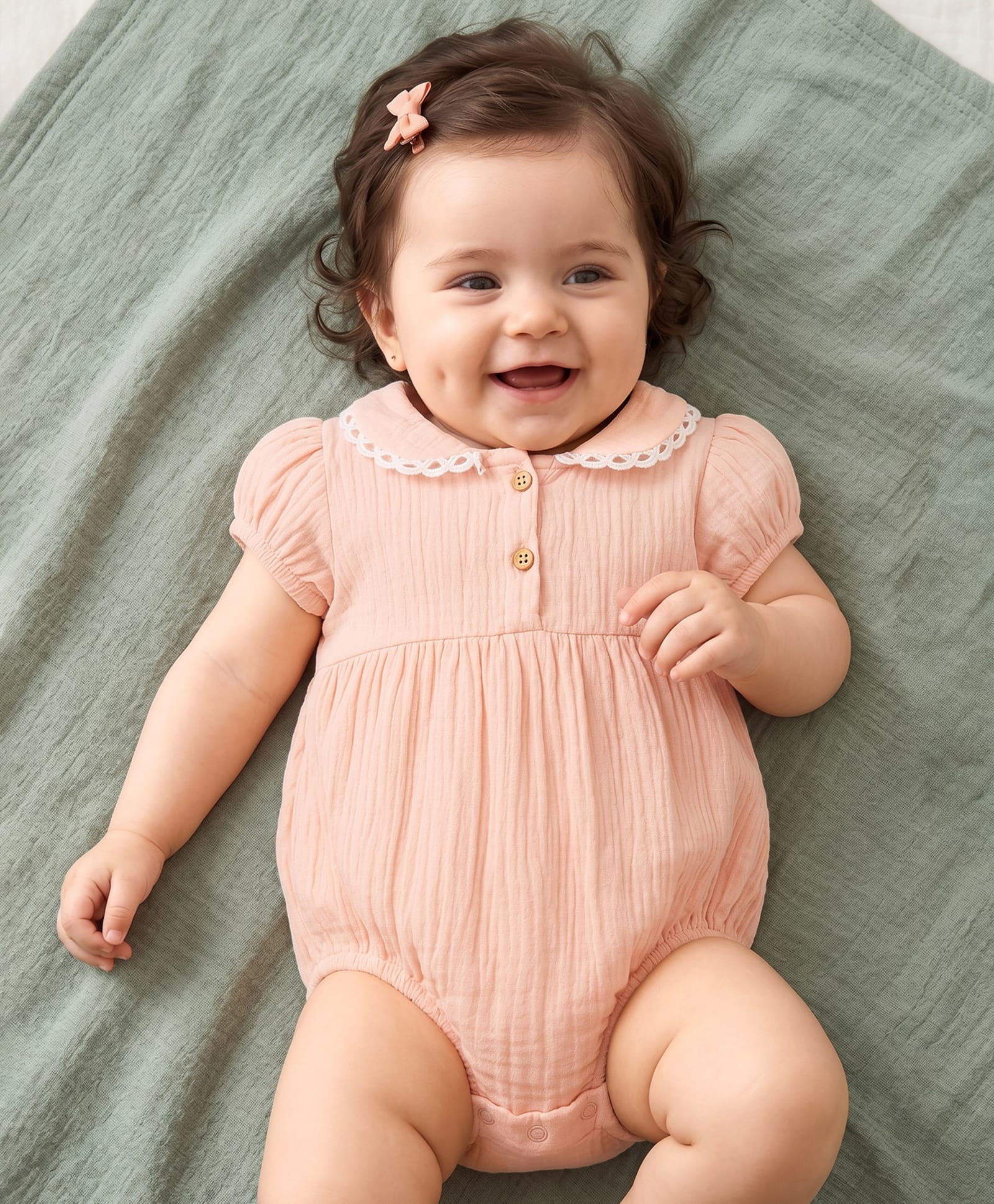 Babyhug 100% Cotton Muslin Knit Half Sleeves Peter Pan Collared Onesie - Peach-picture-14