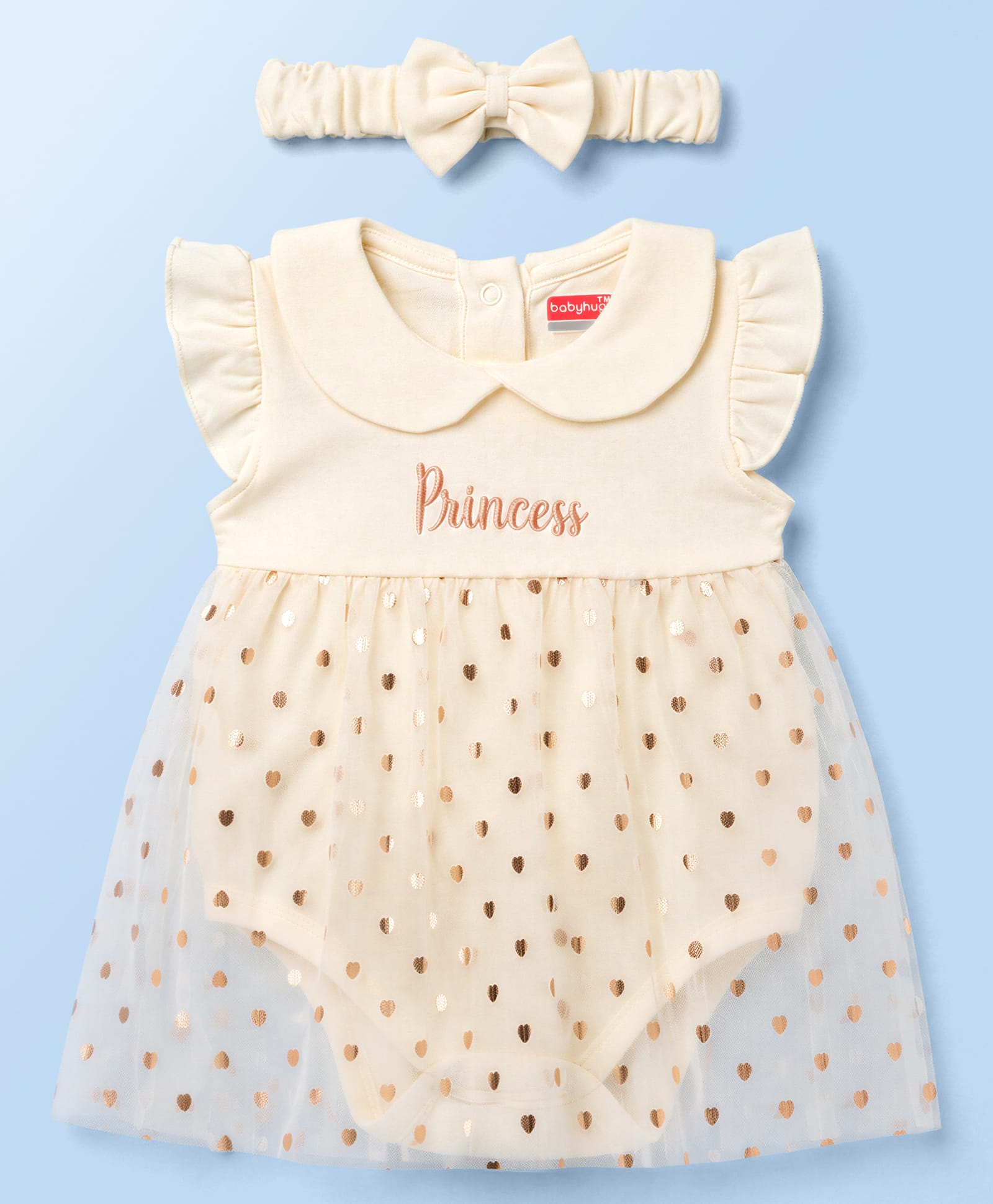 Babyhug 100% Cotton Interlock Knit Sleeveless Onesies With Heart Print & Hairband - Cream-picture-25