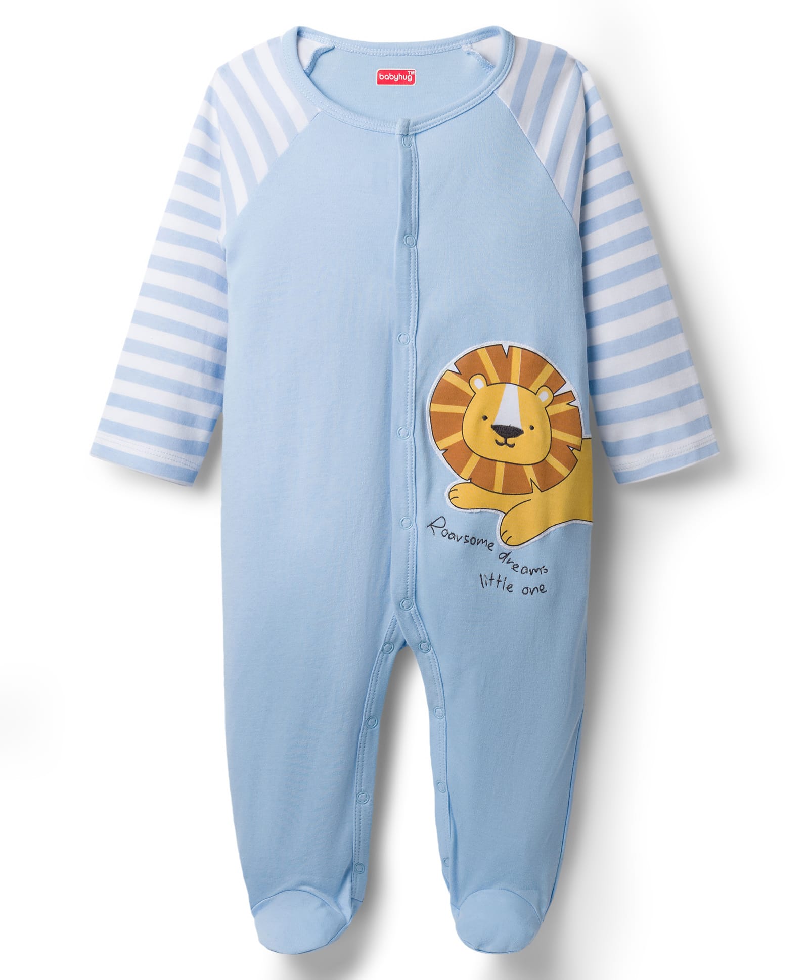 Babyhug Cotton Knit Full Sleeves Striped Sleepsuit Nightwear With Lion Patch - Light Blue-image-2