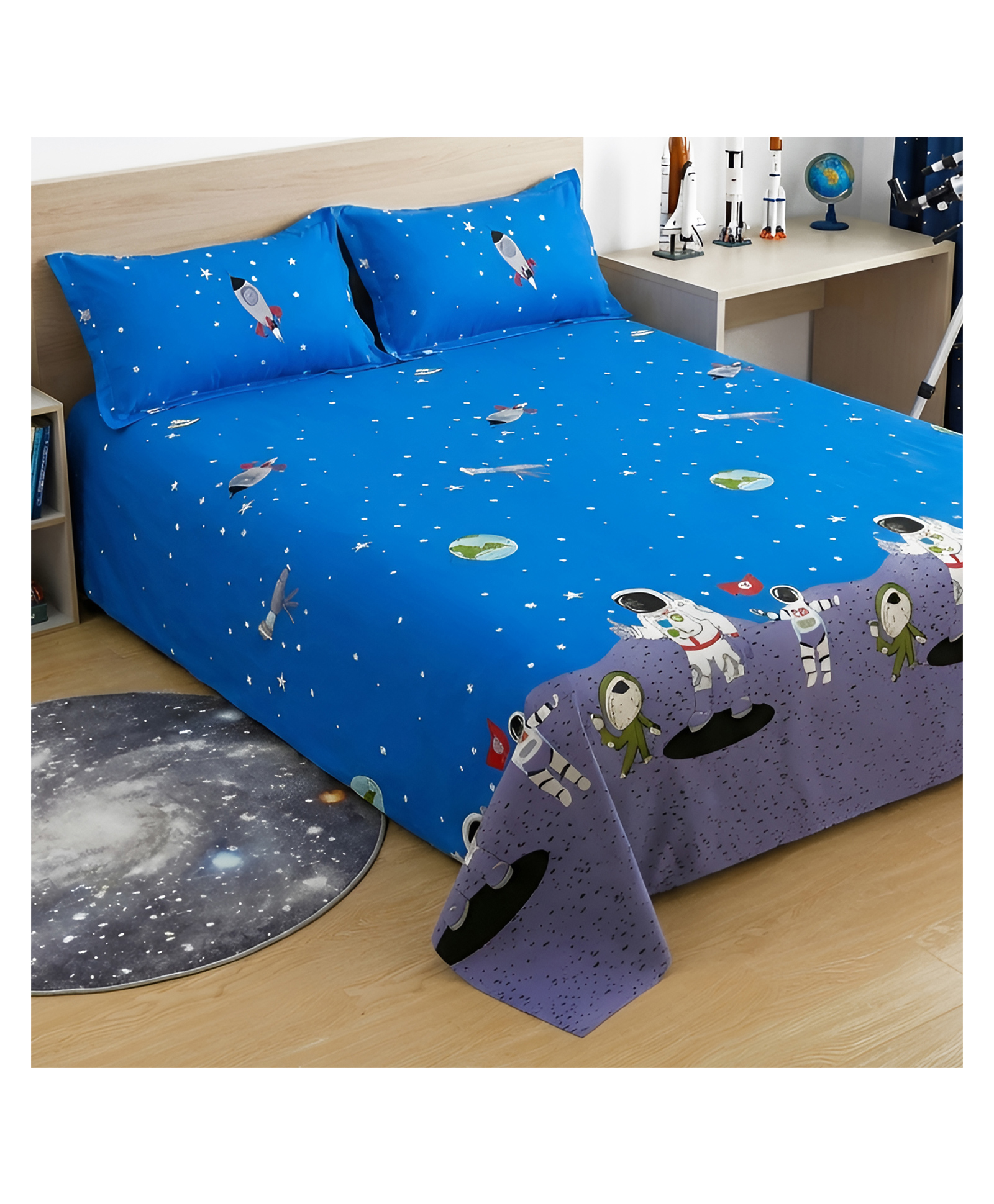 Story@Home 180 TC Microfiber Double Bed Kids Bedsheet with 2 Pillow Covers, 225 cm X 250 cm, Blue & Grey, Cosmic Adventure pattern-picture-14