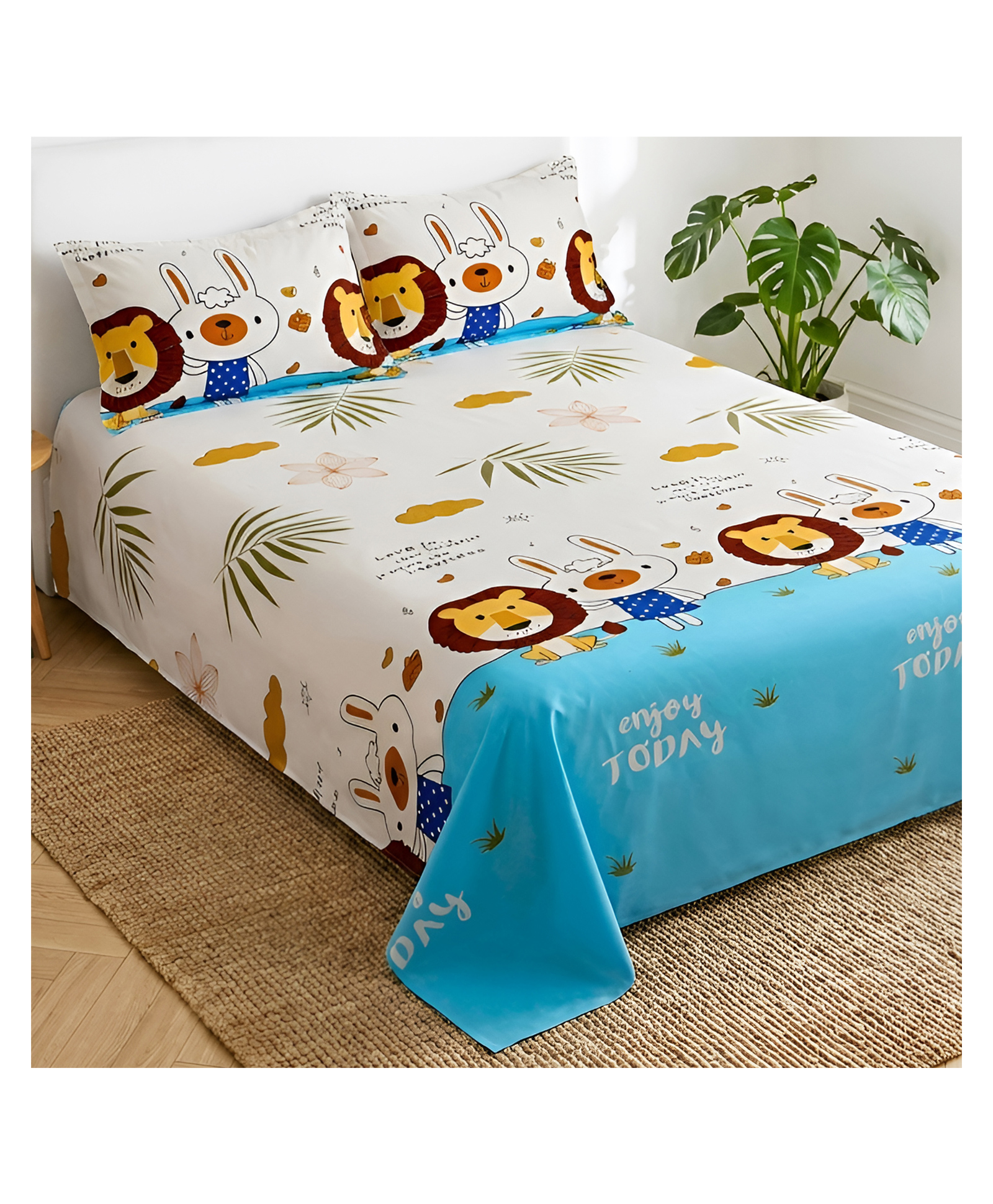 Story@Home 180 TC Microfiber Double Bed Kids Bedsheet with 2 Pillow Covers, 225 cm X 250 cm, White & Brown, Cartoon Print-picture-16