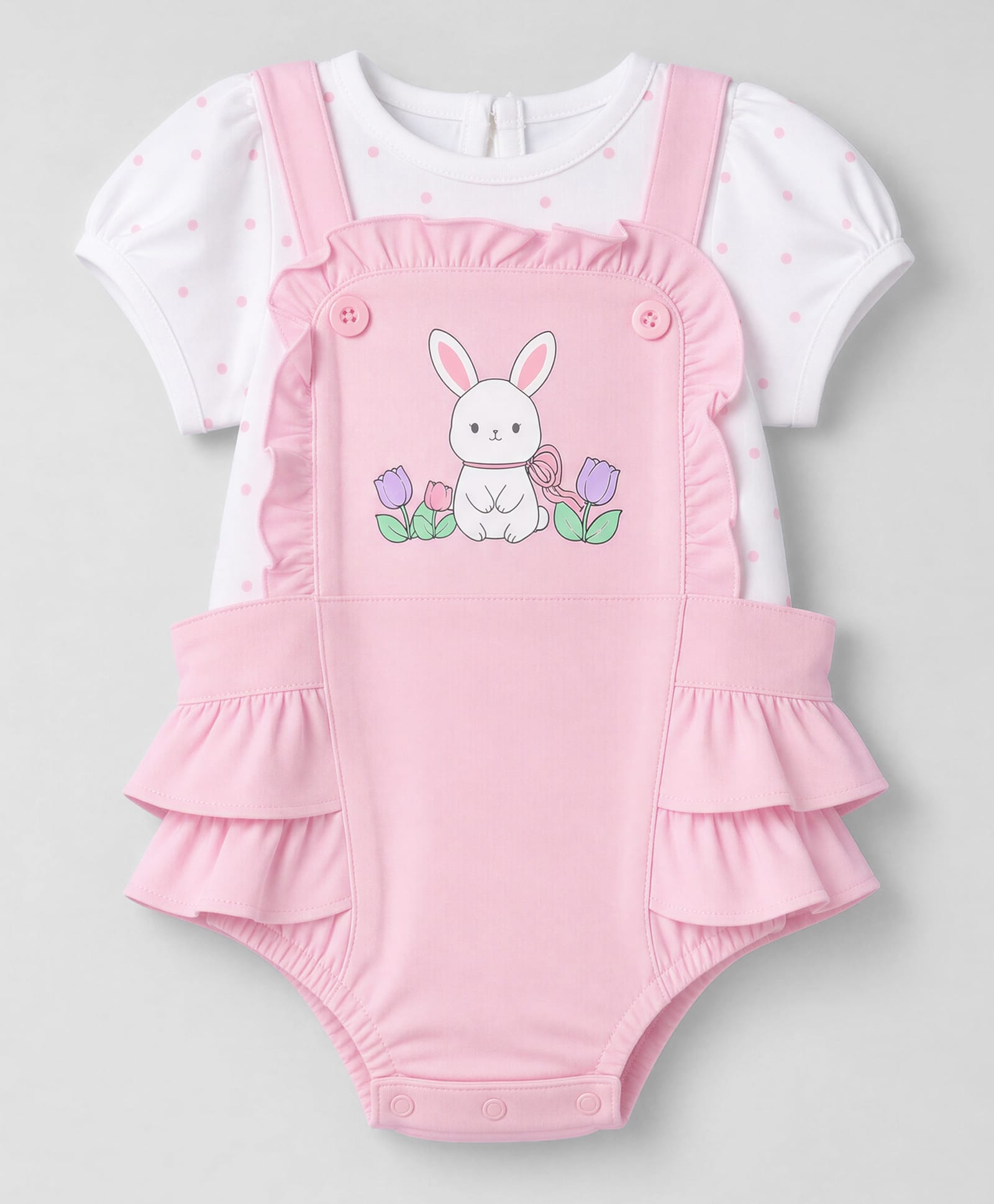 Babyhug 100% Cotton Interlock Knit Half Sleeves Bunny Print Onesie With Polka Dot Printed Tee - Light Pink-image-26