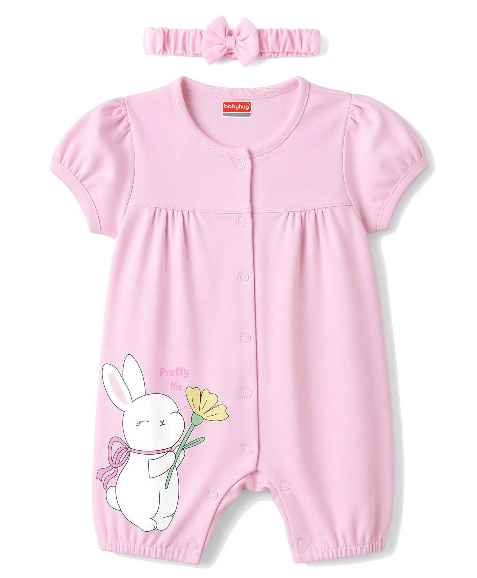 Babyhug 100% Cotton Interlock Knit Half Sleeves Bunny Printed Romper With Hairband - Pink-picture-13