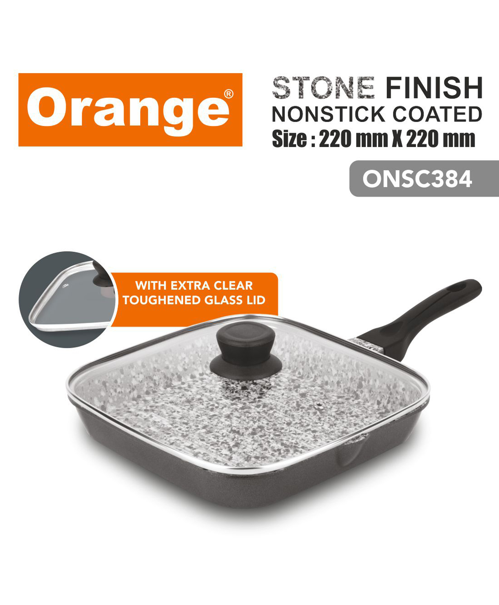 Orange Stone Finish Rockstar Nonstick Heavy coated Grill Pan with glass lid for Barbeque/Tandoori/Sandwich with cool touch long handles 22 cm-image-35