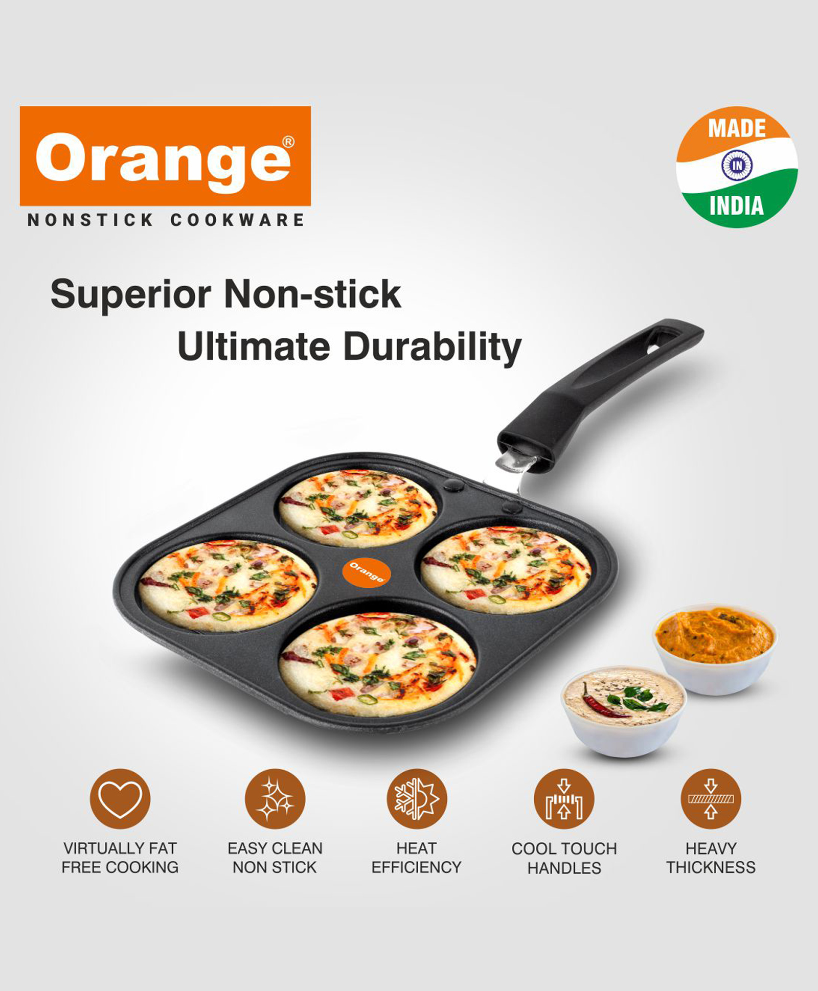 Orange Aluminium Die-Cast Non-Stick Mini Uttappa/Pan Cake/Mini Pizza/Mini Chillas Tawa | 4Bowl-image-46