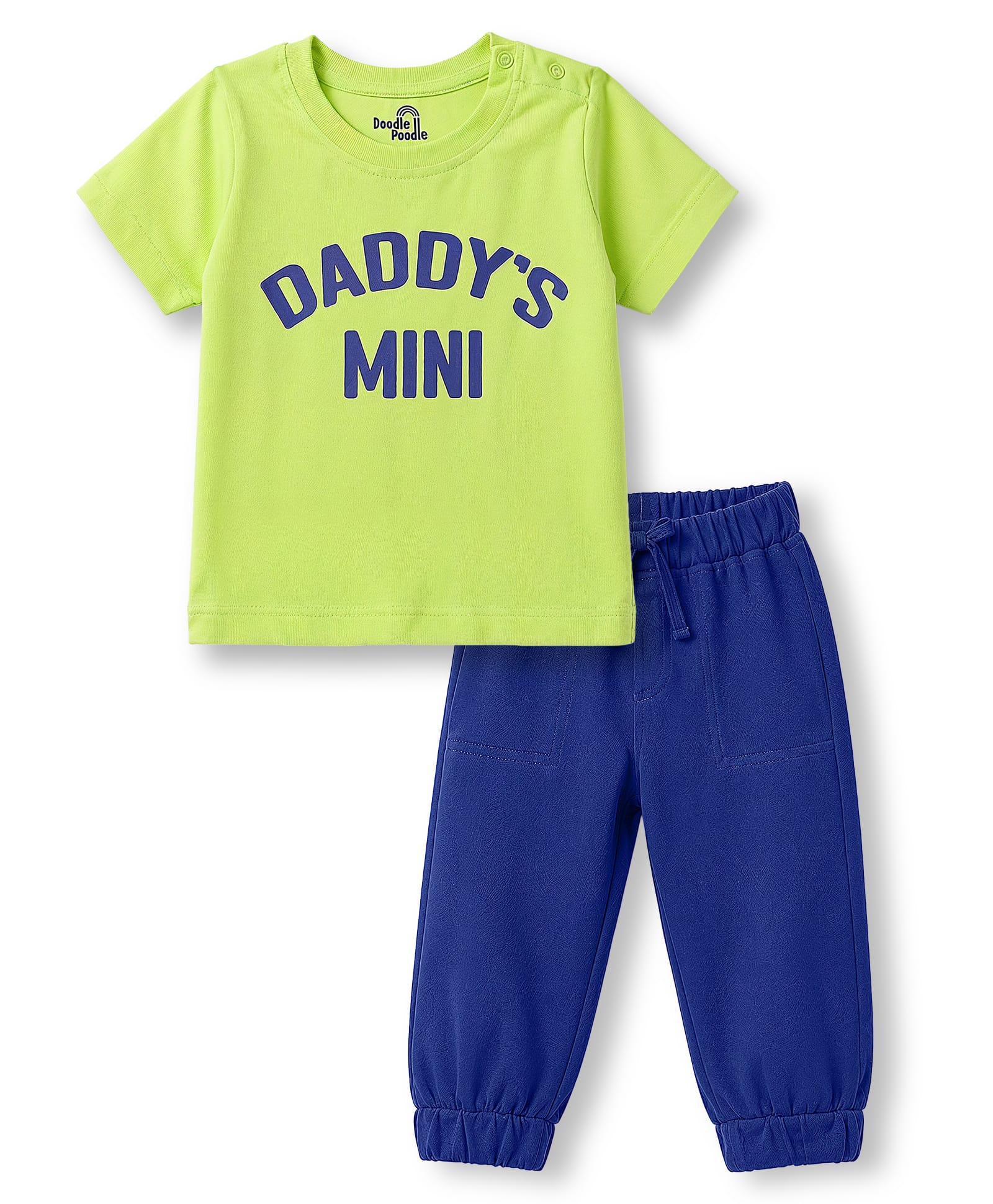 Doodle Poodle 100% Cotton Knit Half Sleeves Text Printed T-Shirt & Pant Set- Lime Green & Navy Blue-picture-18