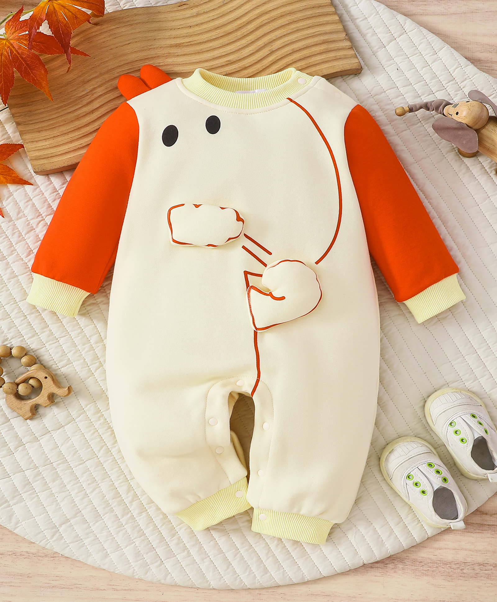 Mark & Mia Winter Cotton Full Sleeve Winter Wear Onesies & Romper With Animal Applique - Beige-image-42