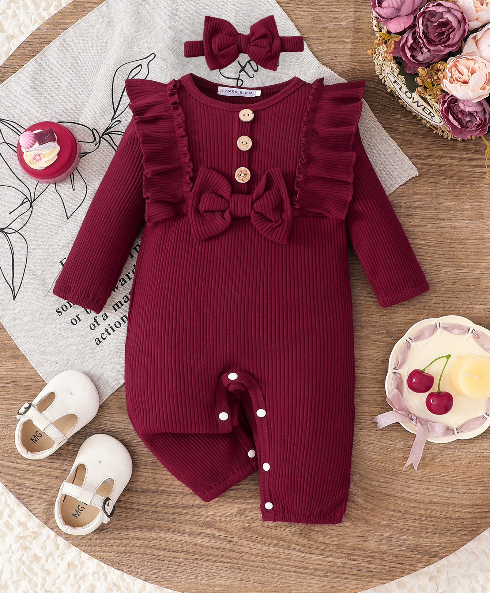 Mark & Mia Cotton Frill Detailing Solid Winter Wear Onesies & Romper With Bow Applique - Maroon-picture-22